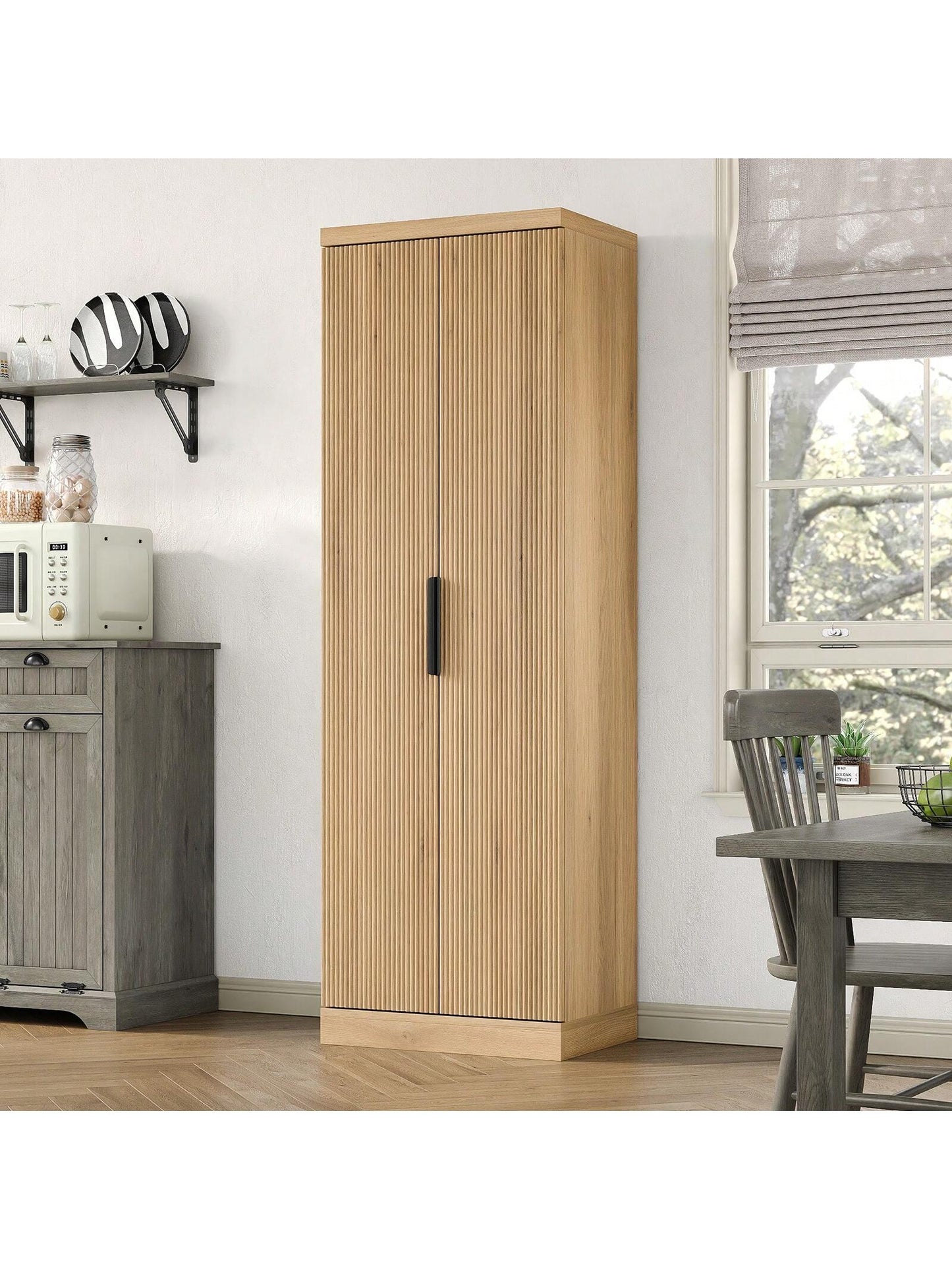 Yanosaku 71'' Tall Storage Cabinet with 2 Doors, Kitchen Pantry Cabinet with Adjustable Shelves, 5-Tier Fluted Cabinet for Living Room Kitchen Dinning Room