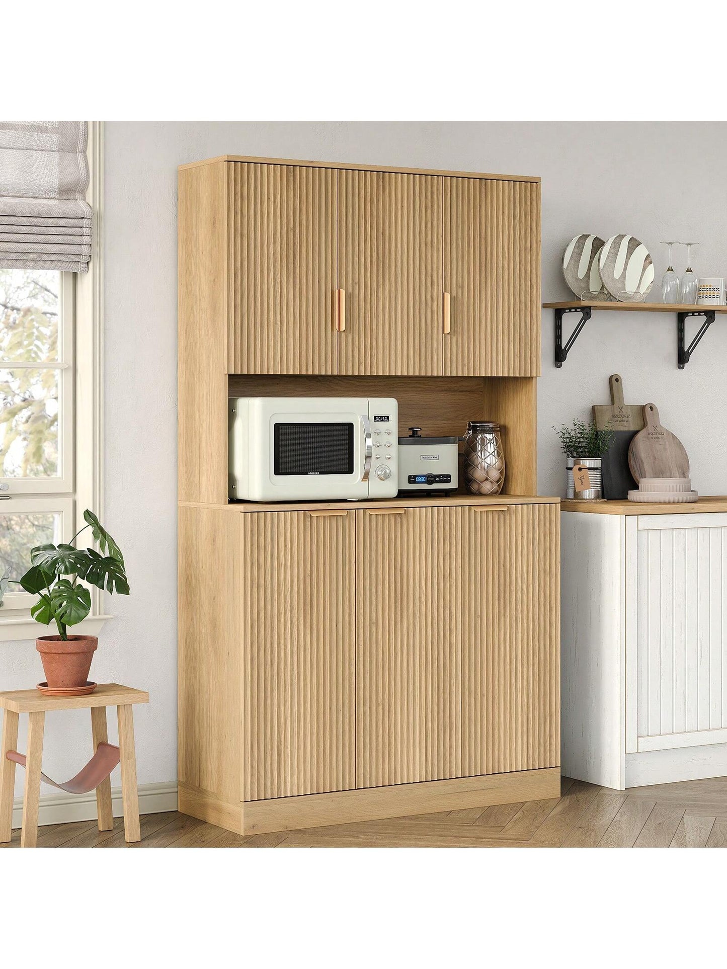 71'' H Tall Kitchen Pantry, Storage Cabinet with Fluted Doors & Adjustable Shelf, Kitchen Huntch Cupboard with Microwave Stand, Coffee Bar Buffet Cabinet for Living Room, Dinning Room