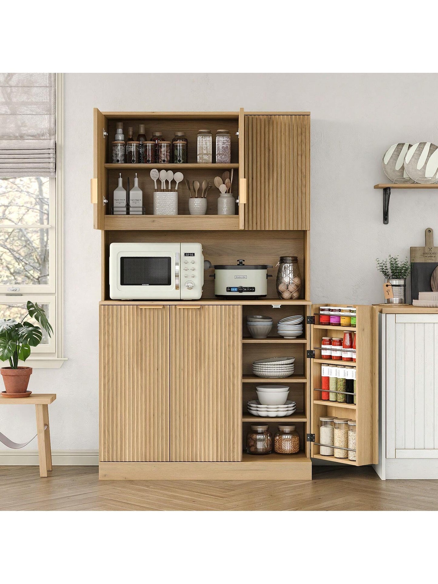 71'' H Tall Kitchen Pantry, Storage Cabinet with Fluted Doors & Adjustable Shelf, Kitchen Huntch Cupboard with Microwave Stand, Coffee Bar Buffet Cabinet for Living Room, Dinning Room