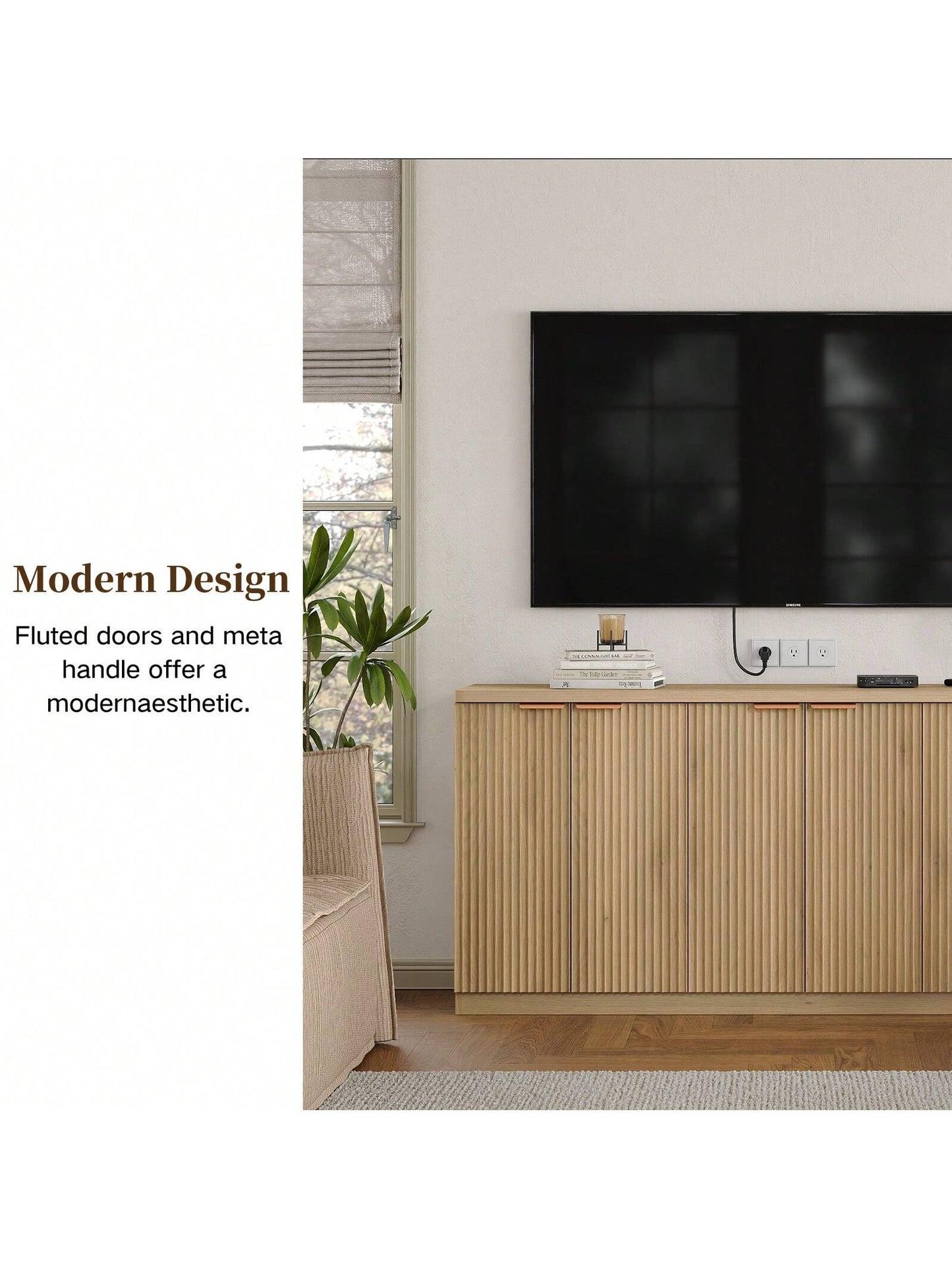 Buffet Cabinet with Storage Accent Sideboard Modern Credenza with Doors & Shelves Fluted Media Console Mid Century Coffee Bar Table for Living Room Kitchen Dining Room Hallway