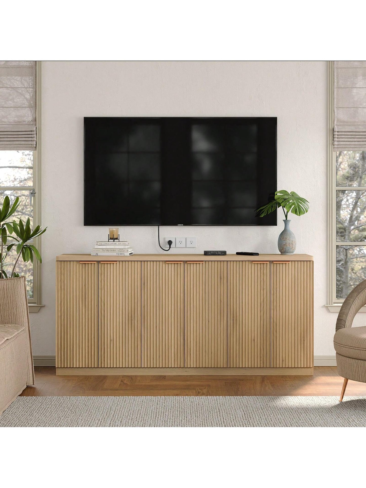 Buffet Cabinet with Storage Accent Sideboard Modern Credenza with Doors & Shelves Fluted Media Console Mid Century Coffee Bar Table for Living Room Kitchen Dining Room Hallway