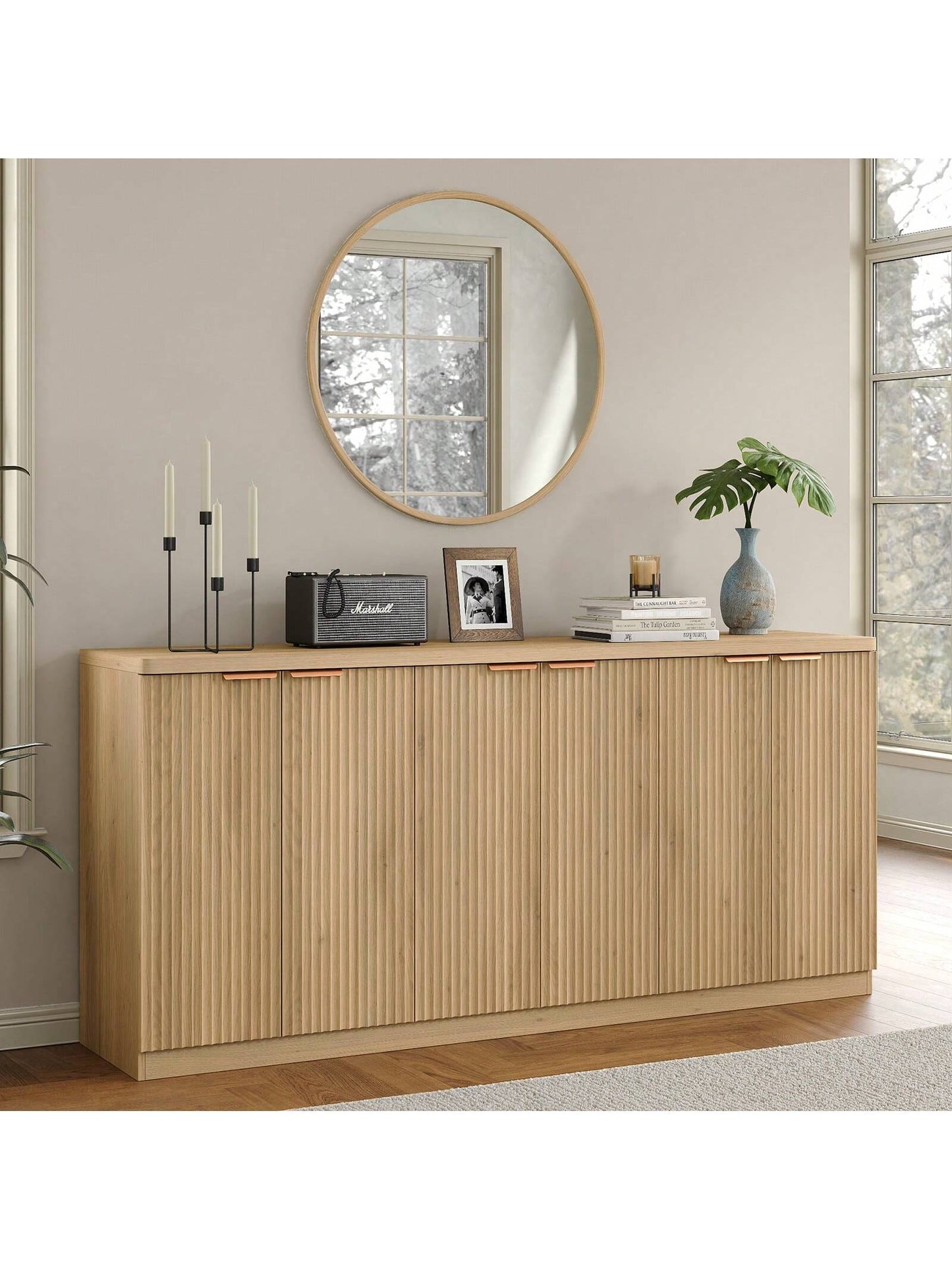 Buffet Cabinet with Storage Accent Sideboard Modern Credenza with Doors & Shelves Fluted Media Console Mid Century Coffee Bar Table for Living Room Kitchen Dining Room Hallway
