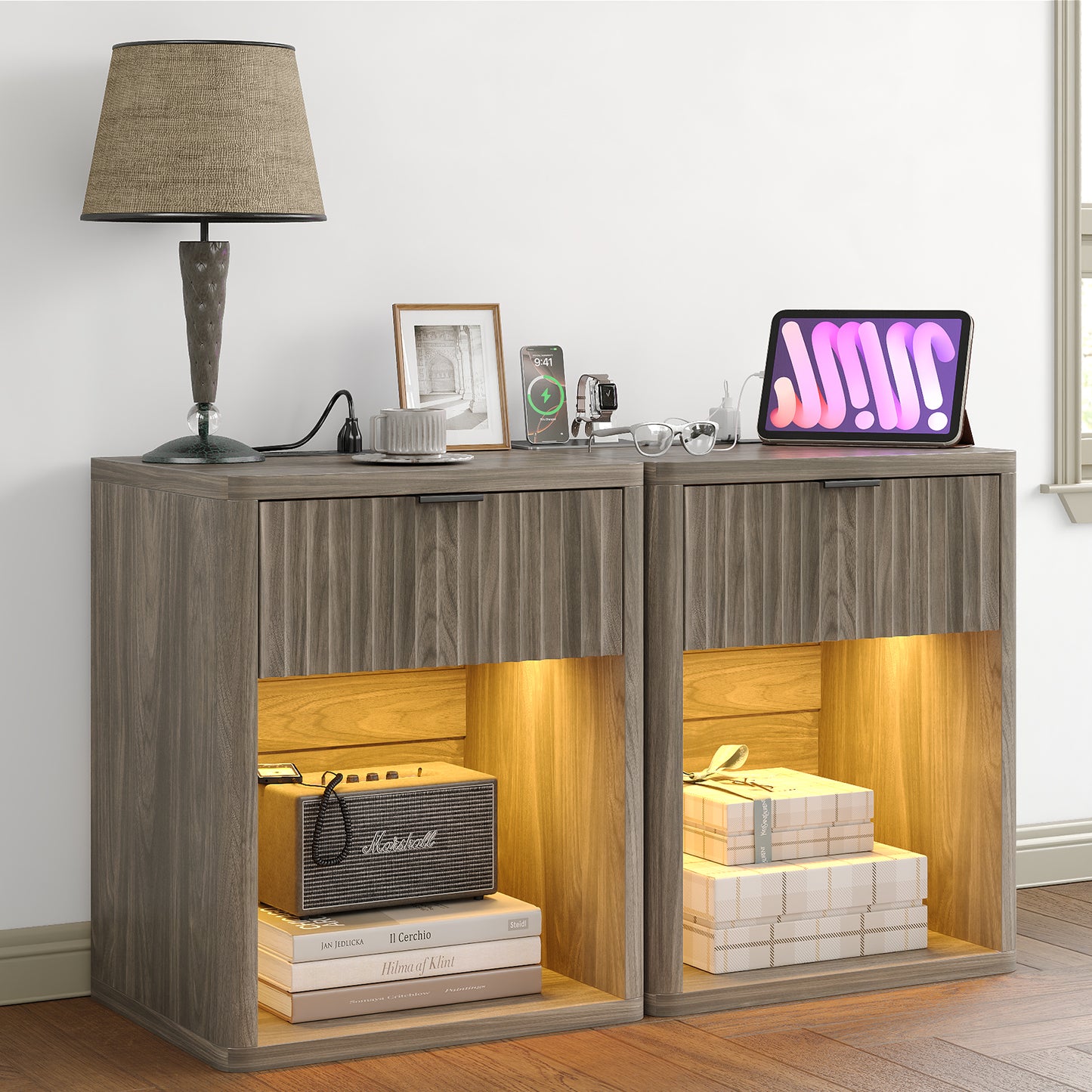 Yanosaku NS001 Night Stand with Drawer Storage Wood Wide Bedside Stand
