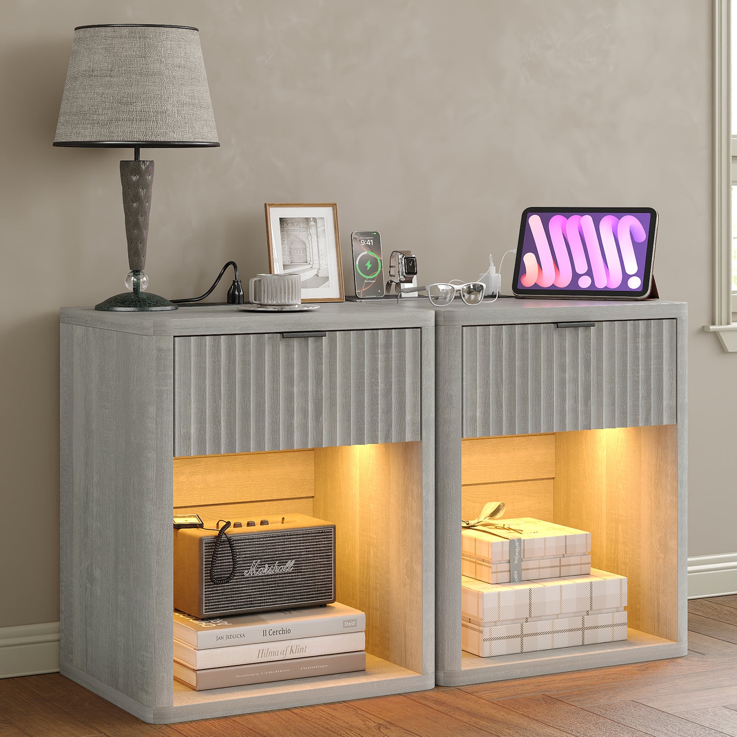 Yanosaku NS001 Night Stand with Drawer Storage Wood Wide Bedside Stand