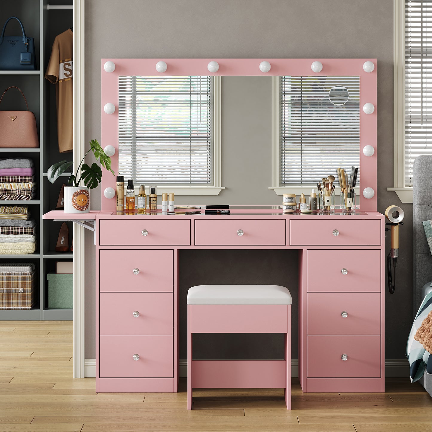 Yanosaku VD007 Modern White Makeup Vanity Set Table with Stool & LED Mirror 9 Drawers Luxury