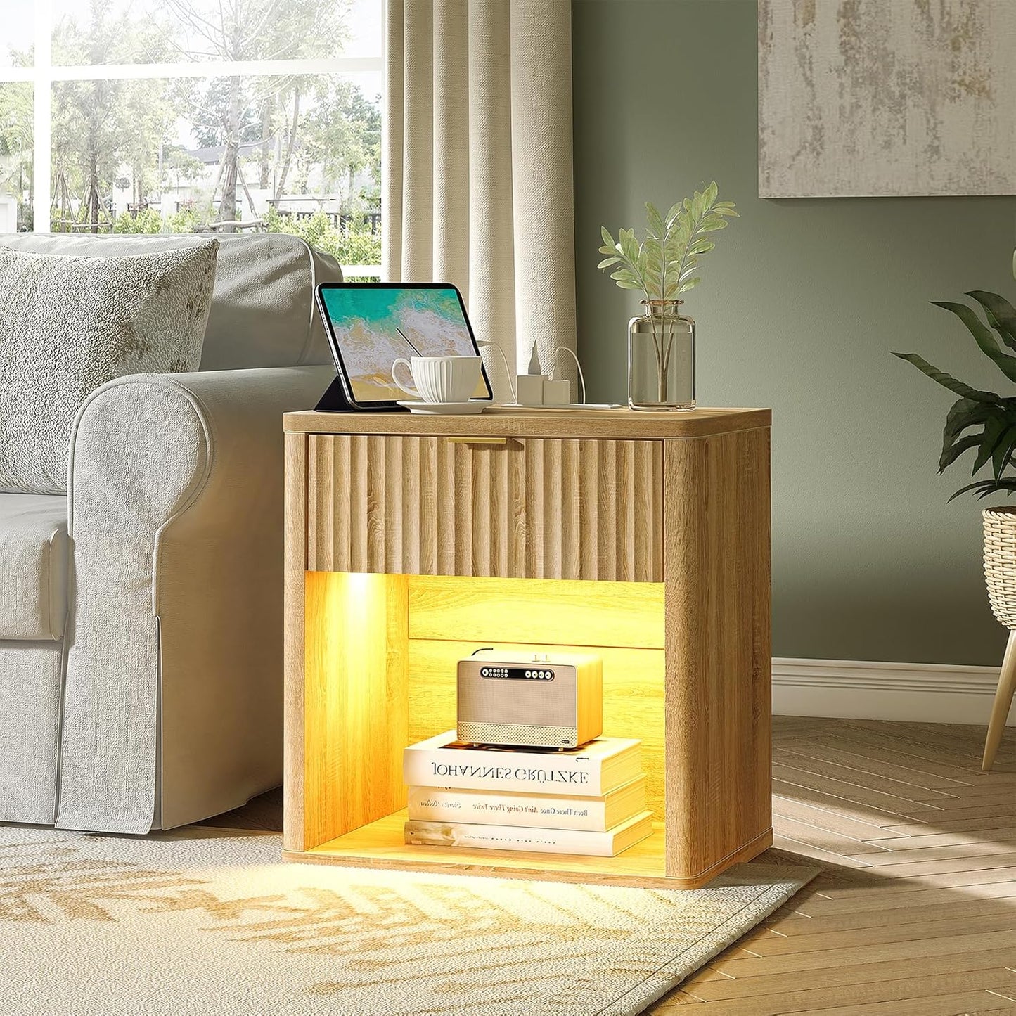 Night Stand with Drawer Storage Bed Side Table End Table Large Modern Wood Wide Bedside Stand - Yanosaku SotreFurniture