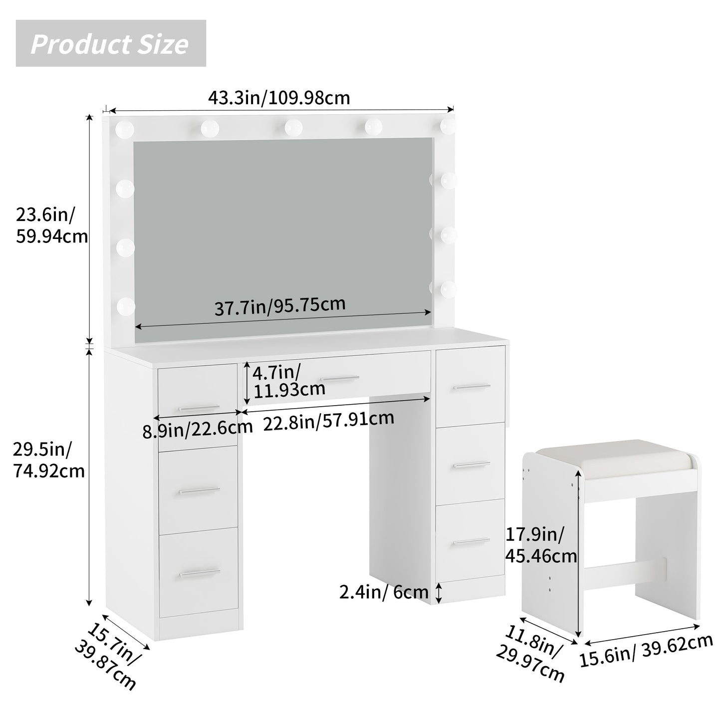 Yanosaku 43'' Modern White Makeup Vanity Set Table with Stool & LED Mirror 7 Drawers Luxury - Yanosaku SotreFurnitureVD005 - WH