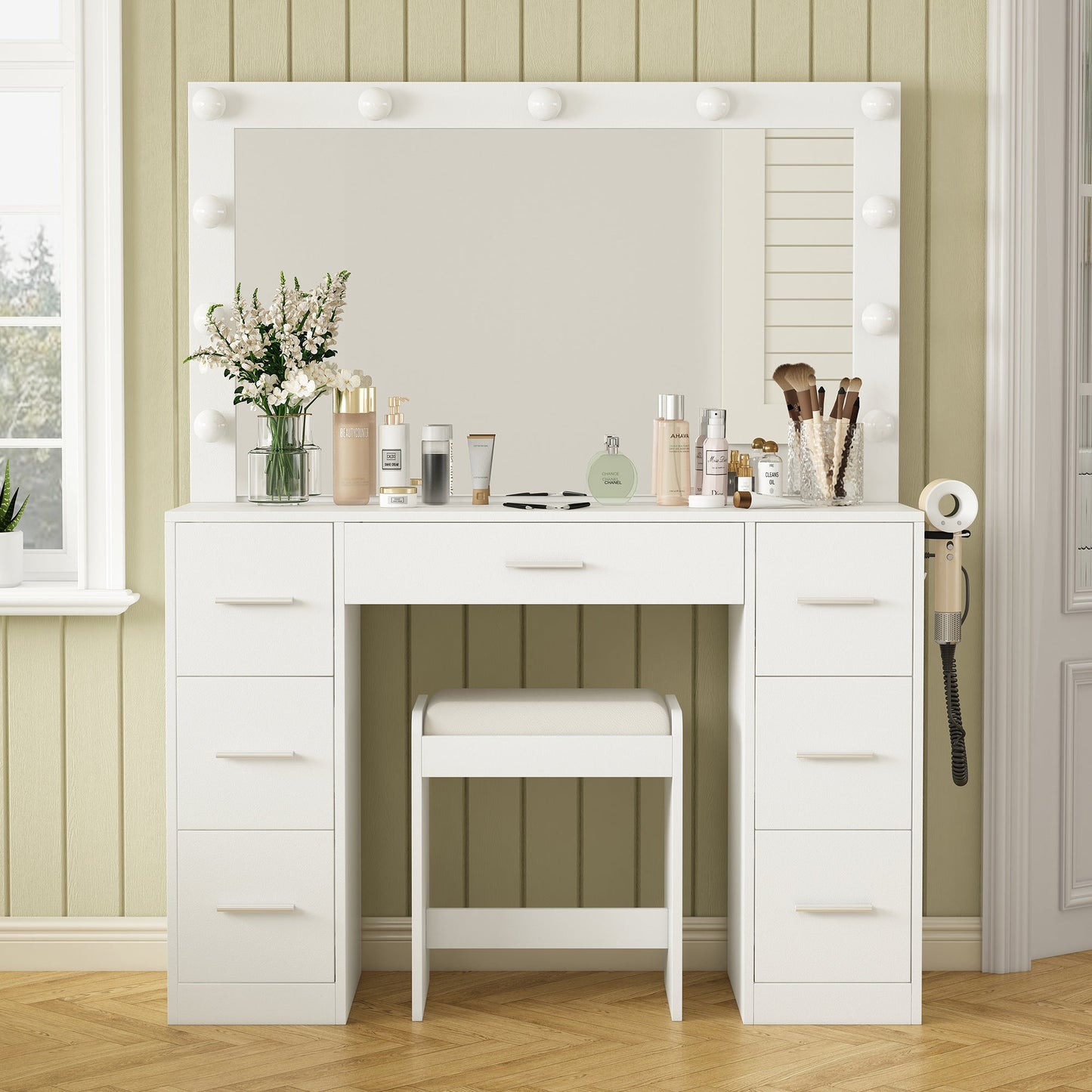 Yanosaku 43'' Modern White Makeup Vanity Set Table with Stool & LED Mirror 7 Drawers Luxury - Yanosaku SotreFurnitureVD005 - WH