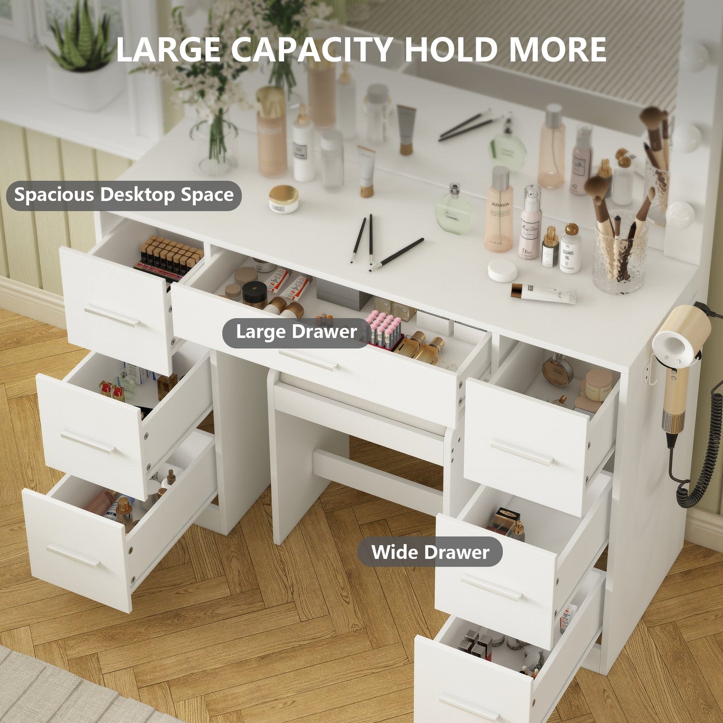Yanosaku 43'' Modern White Makeup Vanity Set Table with Stool & LED Mirror 7 Drawers Luxury - Yanosaku SotreFurnitureVD005 - WH