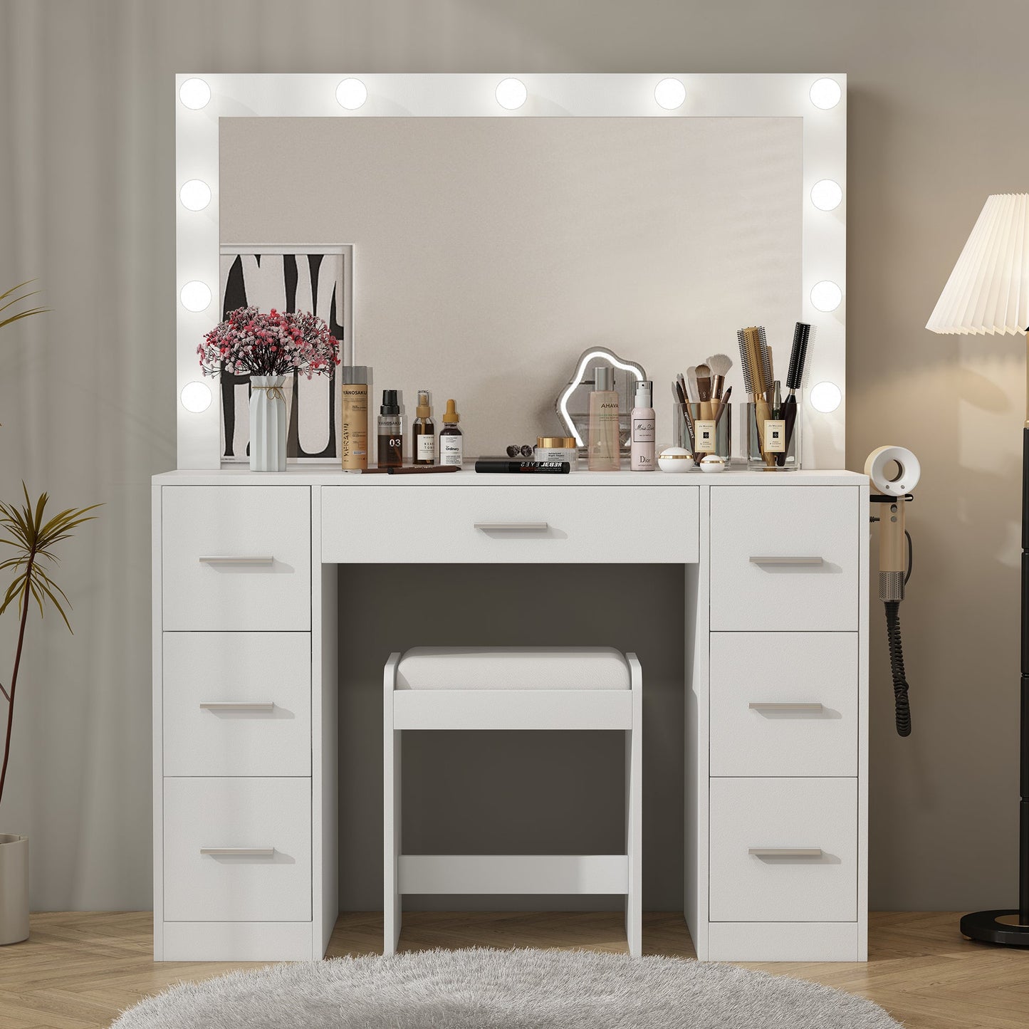 Yanosaku 43'' Modern White Makeup Vanity Set Table with Stool & LED Mirror 7 Drawers Luxury - Yanosaku SotreFurnitureVD005 - WH