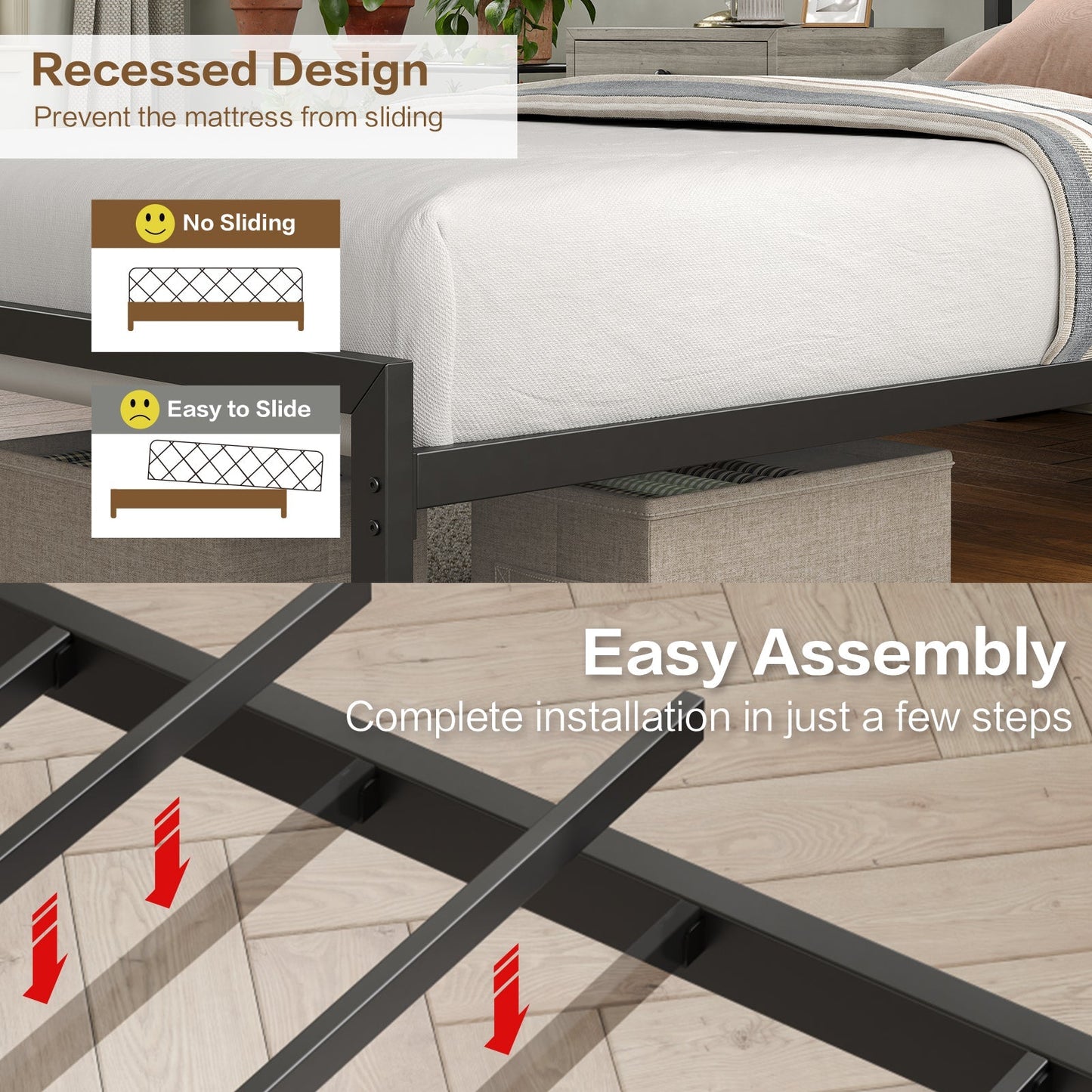 Yanosaku BF006 - GR - T Twin Classic Metal Bed Frame with LED Lights & Charging - Yanosaku SotreFurnitureBF006 - GR - T