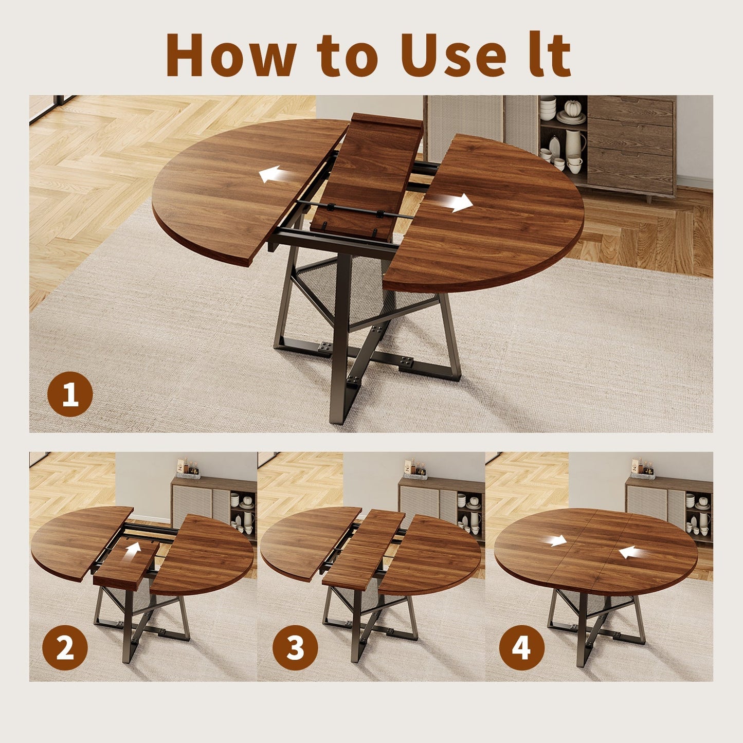 Yanosaku DT001 47" Extendable Round Table for 4–8, Walnut Metal Frame - Yanosaku SotreFurnitureDT001-WA