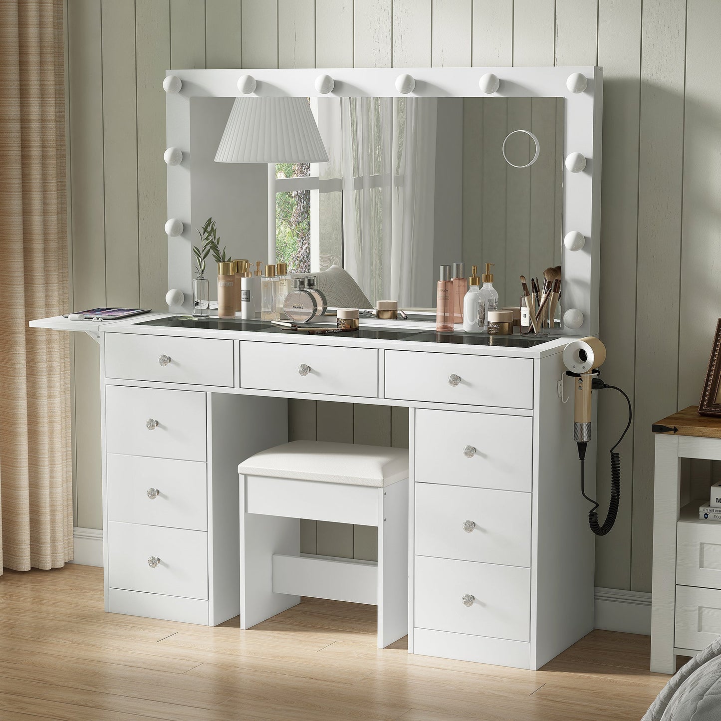 Yanosaku Modern White Makeup Vanity Set Table with Stool & LED Mirror 9 Drawers Luxury - Yanosaku SotreFurniture