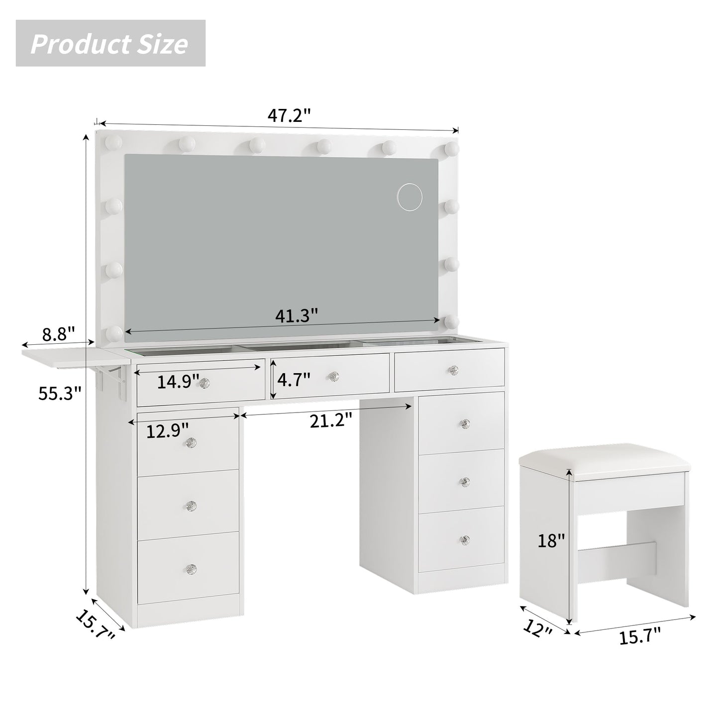 Yanosaku Modern White Makeup Vanity Set Table with Stool & LED Mirror 9 Drawers Luxury - Yanosaku SotreFurniture