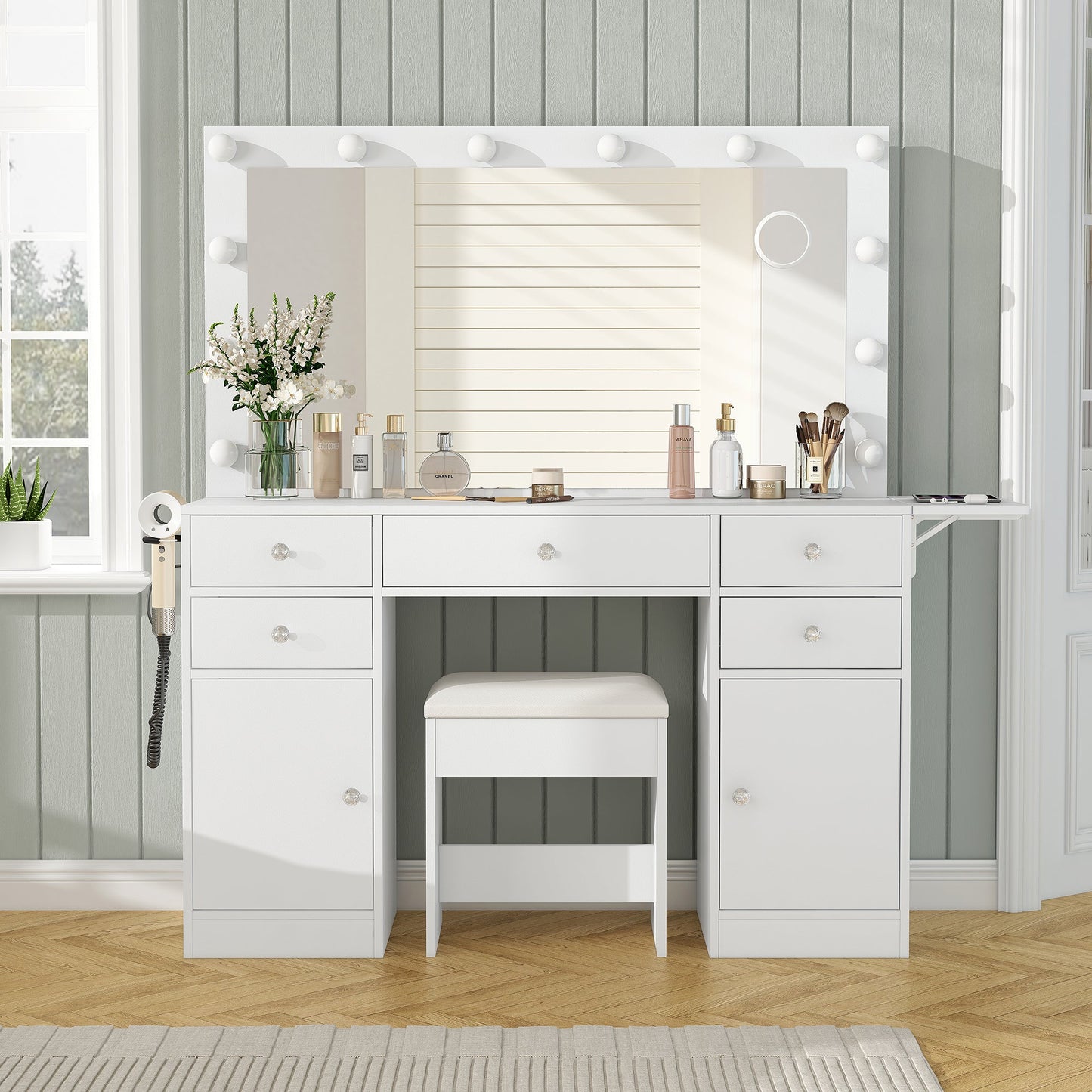 Yanosaku Modern White Makeup Vanity Set Table with Stool & LED Mirror with 5 Drawers and 2 Cabinets Luxury - Yanosaku SotreFurnitureVD006 - WH