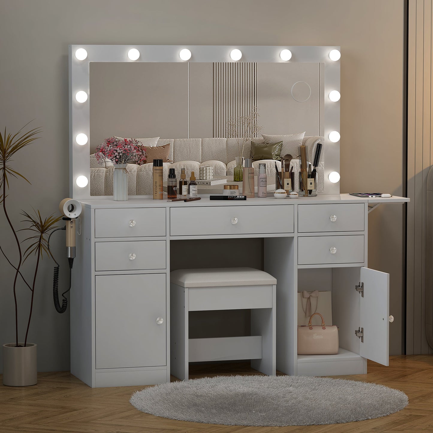 Yanosaku Modern White Makeup Vanity Set Table with Stool & LED Mirror with 5 Drawers and 2 Cabinets Luxury - Yanosaku SotreFurnitureVD006 - WH
