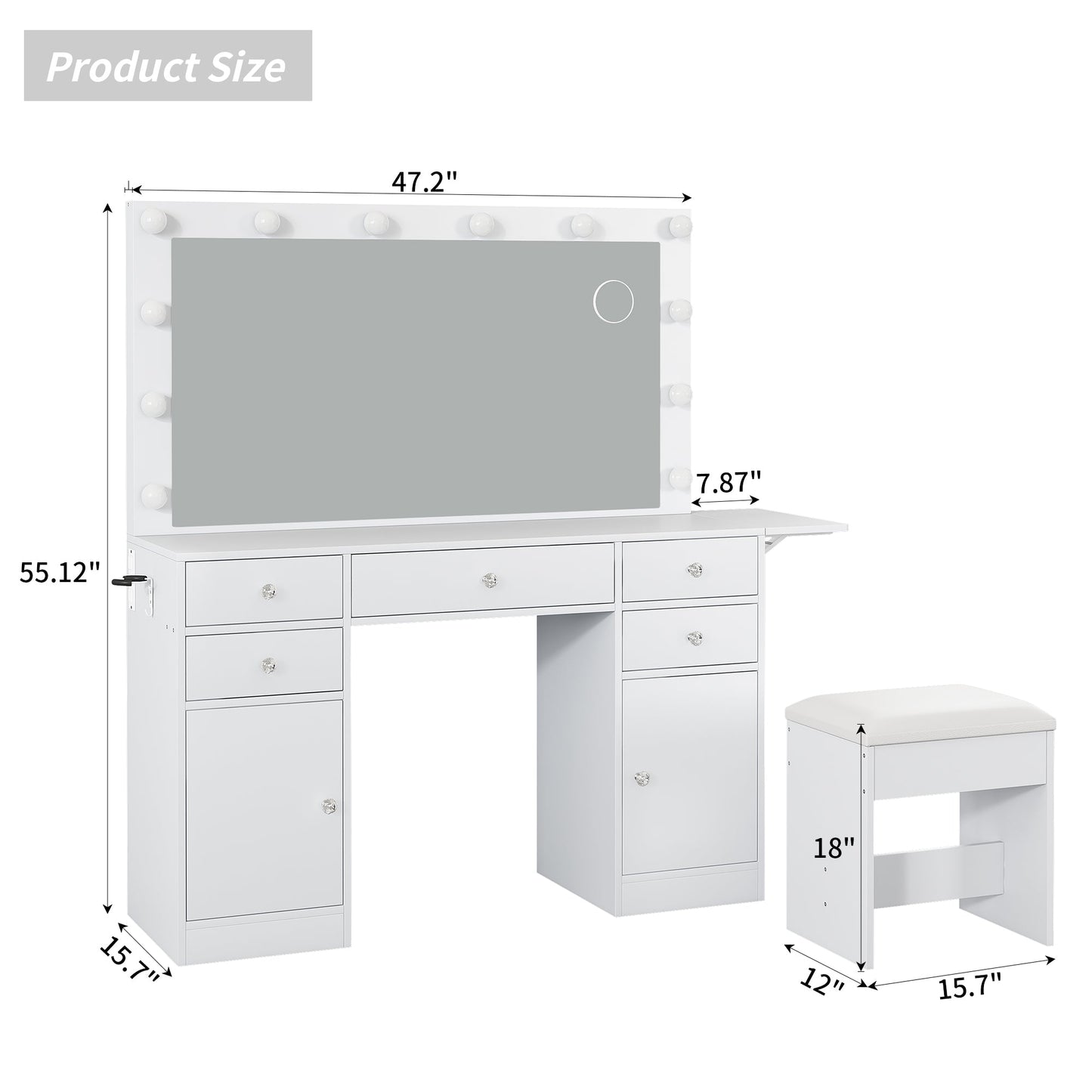 Yanosaku Modern White Makeup Vanity Set Table with Stool & LED Mirror with 5 Drawers and 2 Cabinets Luxury - Yanosaku SotreFurnitureVD006 - WH
