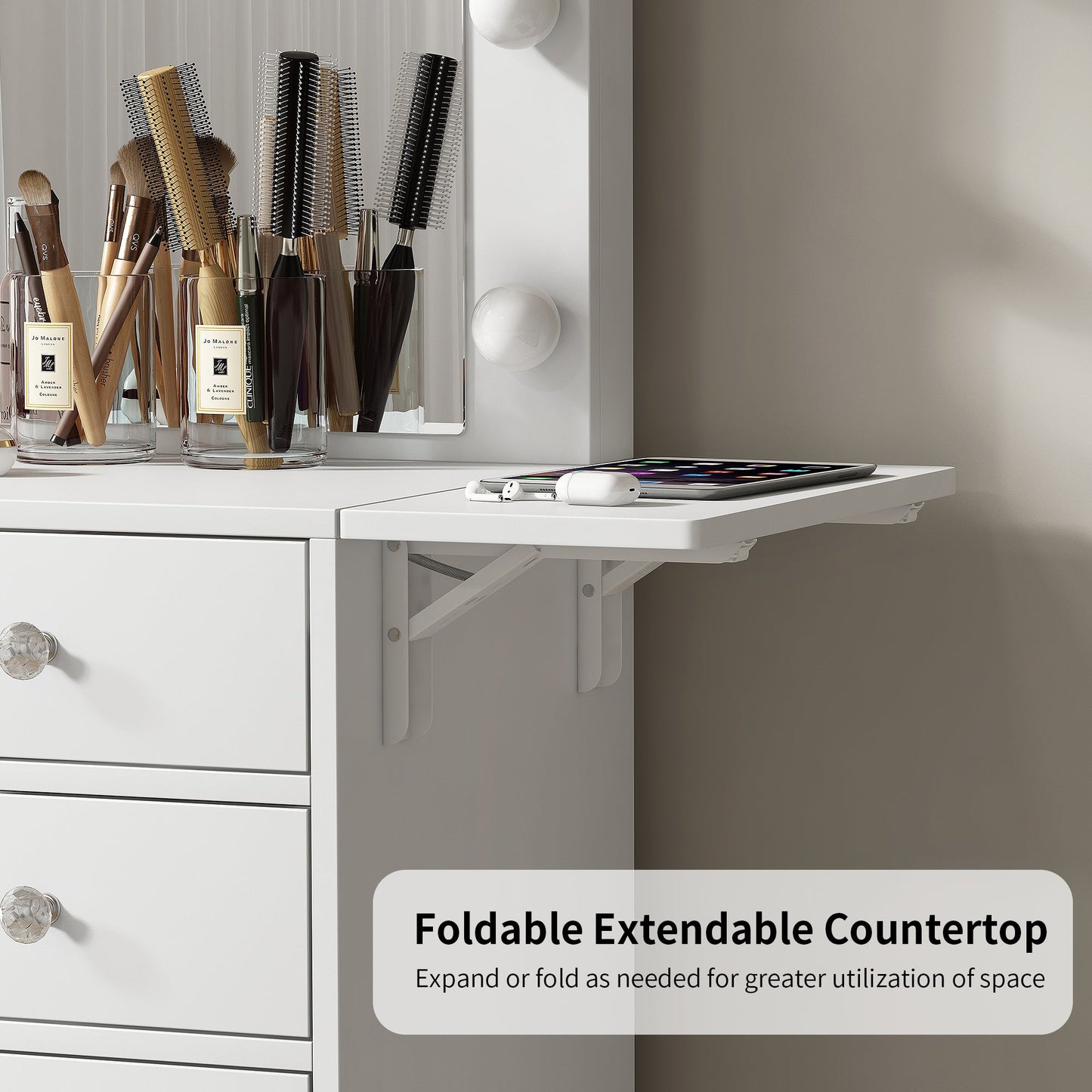 Yanosaku Modern White Makeup Vanity Set Table with Stool & LED Mirror with 5 Drawers and 2 Cabinets Luxury - Yanosaku SotreFurnitureVD006 - WH