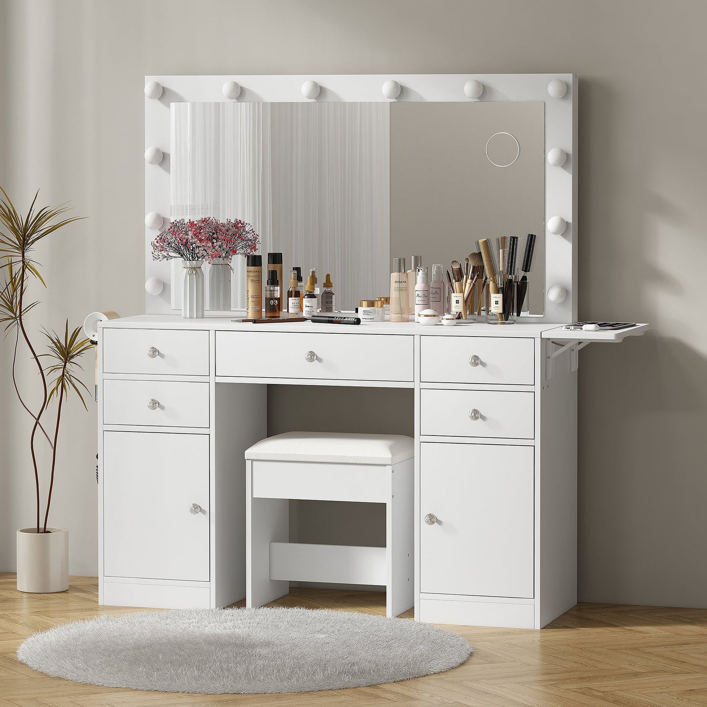Yanosaku Modern White Makeup Vanity Set Table with Stool & LED Mirror with 5 Drawers and 2 Cabinets Luxury - Yanosaku SotreFurnitureVD006 - WH