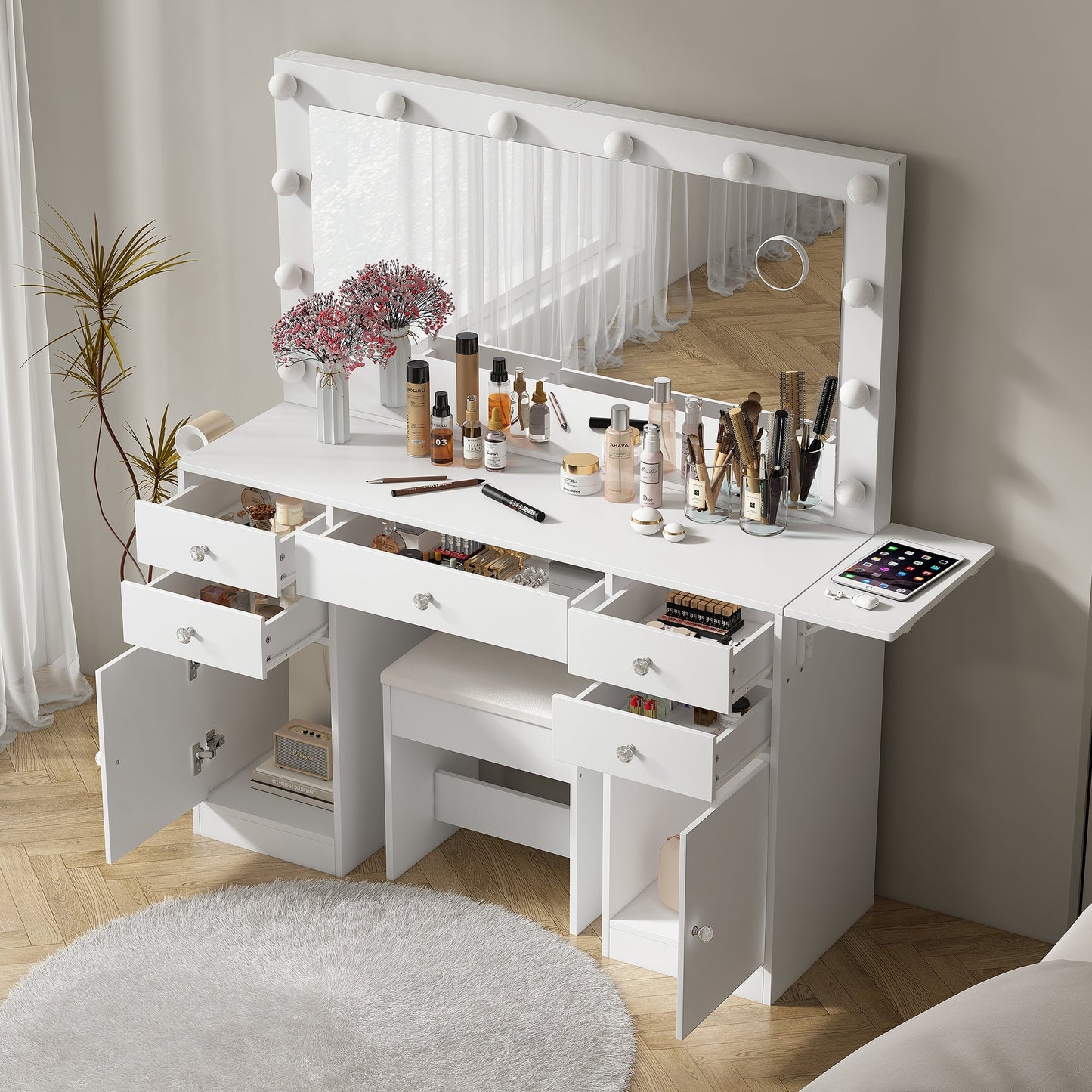 Yanosaku Modern White Makeup Vanity Set Table with Stool & LED Mirror with 5 Drawers and 2 Cabinets Luxury - Yanosaku SotreFurnitureVD006 - WH