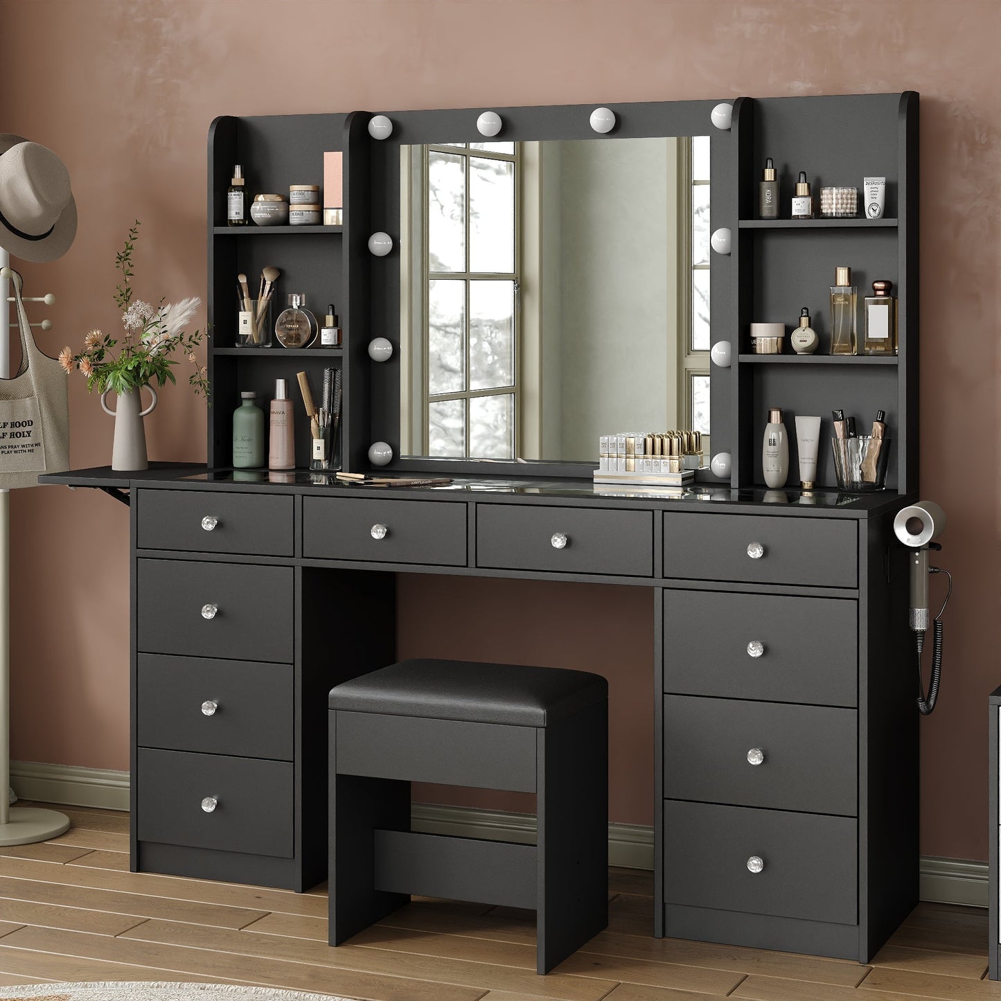Yanosaku VD011 Bedroom Makeup Vanity desk with LED Mirror, 11 Drawers - Yanosaku SotreFurnitureVD011 - BL