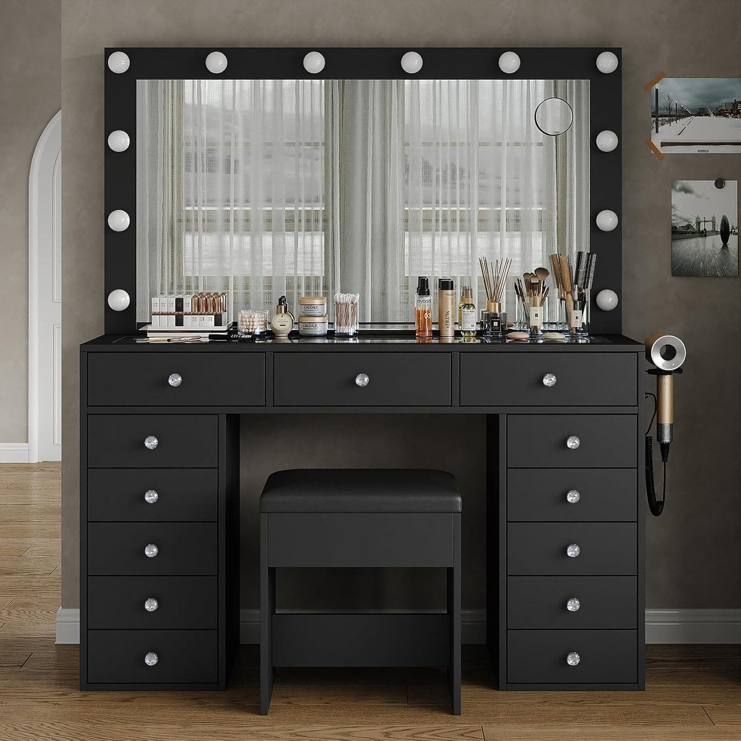 Yanosaku VD018 Bedroom Makeup Vanity desk with LED Mirror, 13 Drawers - Yanosaku SotreFurnitureVD018 - BL