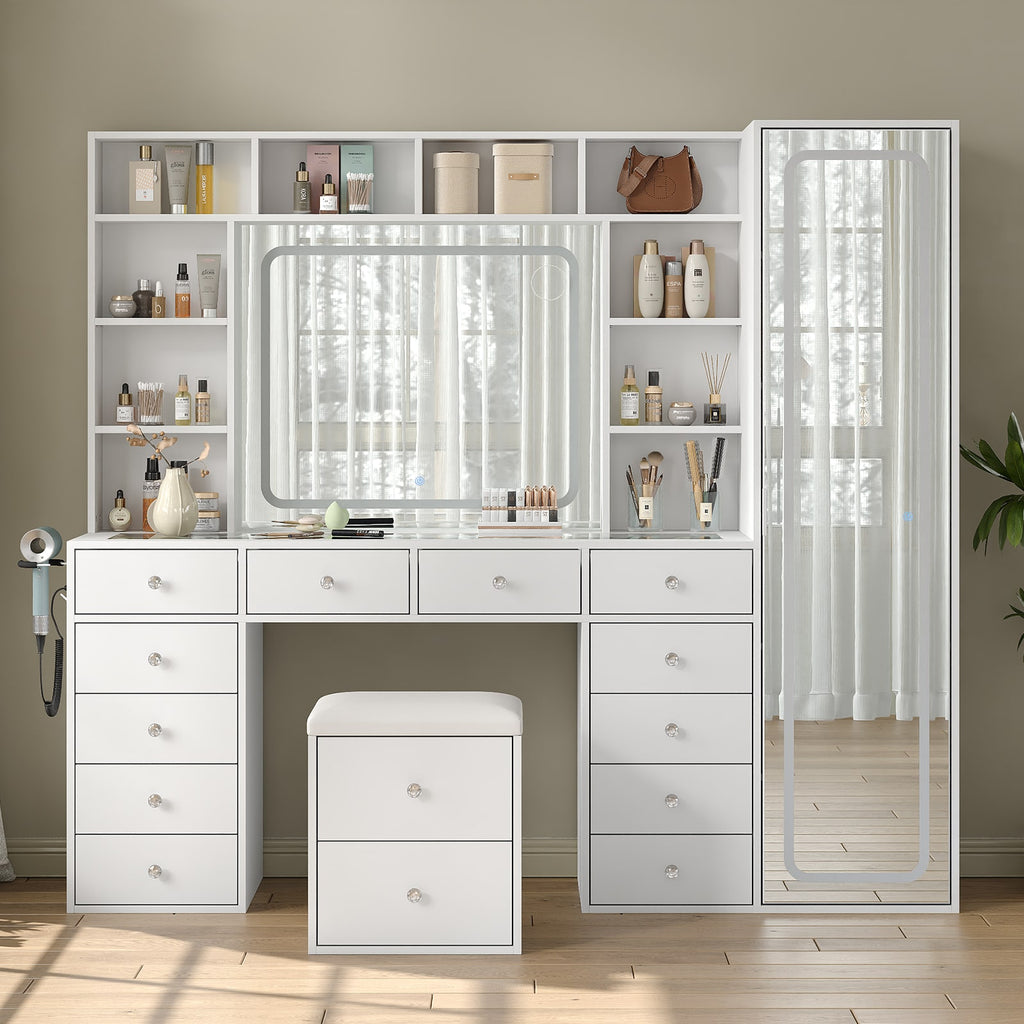 Yanosaku VD023 Vanity Desk with LED & Full-Length Mirror, 14 Drawers, 10 Shelves, White