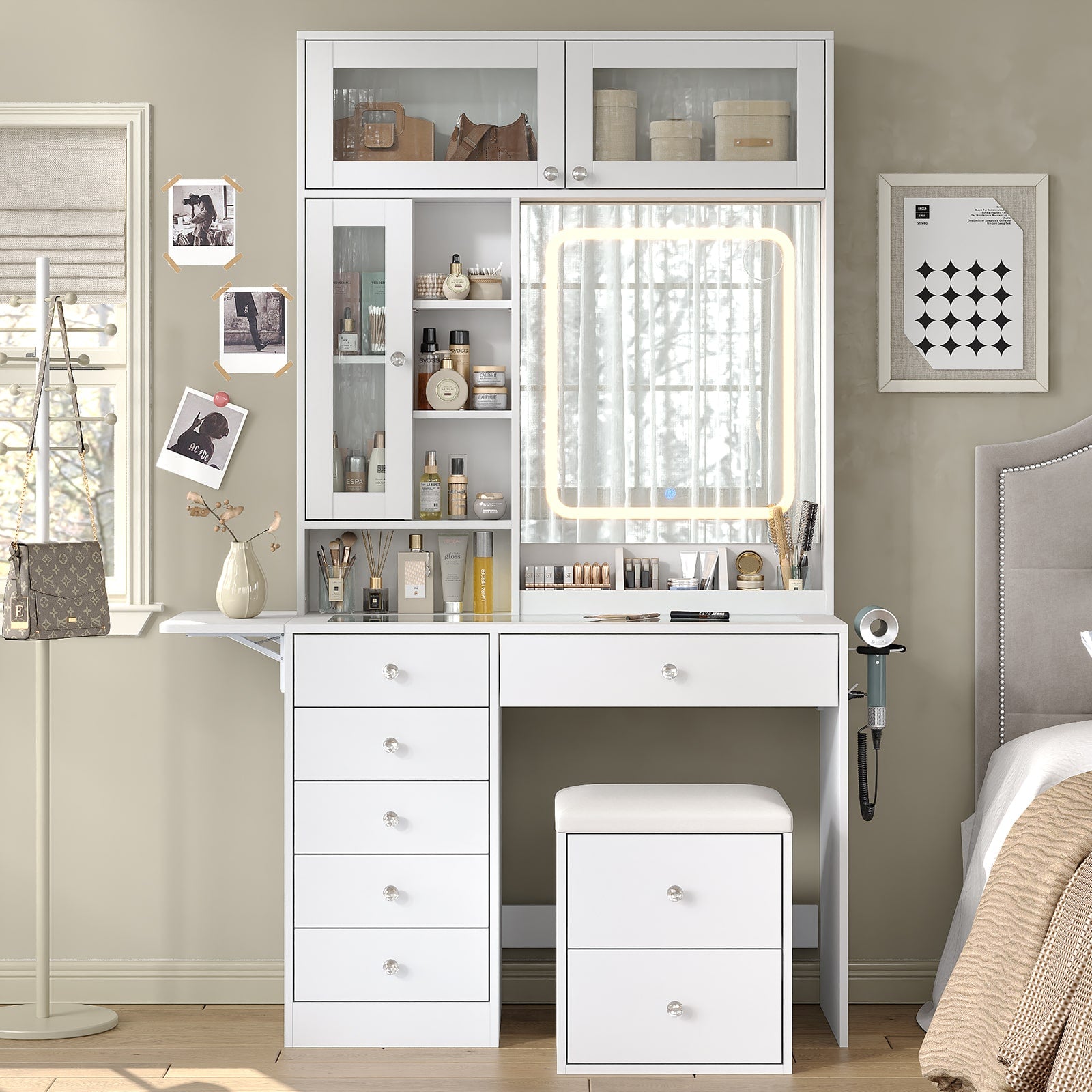 Yanosaku VD022 Vanity Desk with Mirror, Lights, Drawers, Stool, White