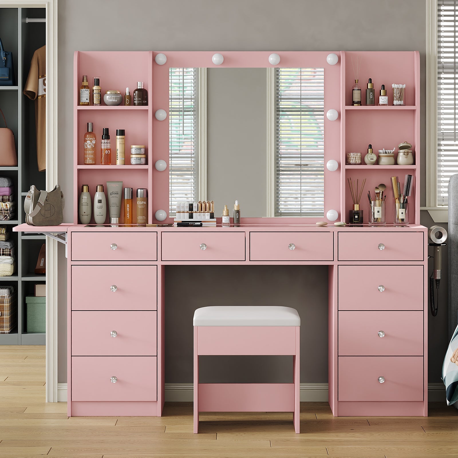 VD011 Bedroom Makeup Vanity desk with LED Mirror, 10 Drawers