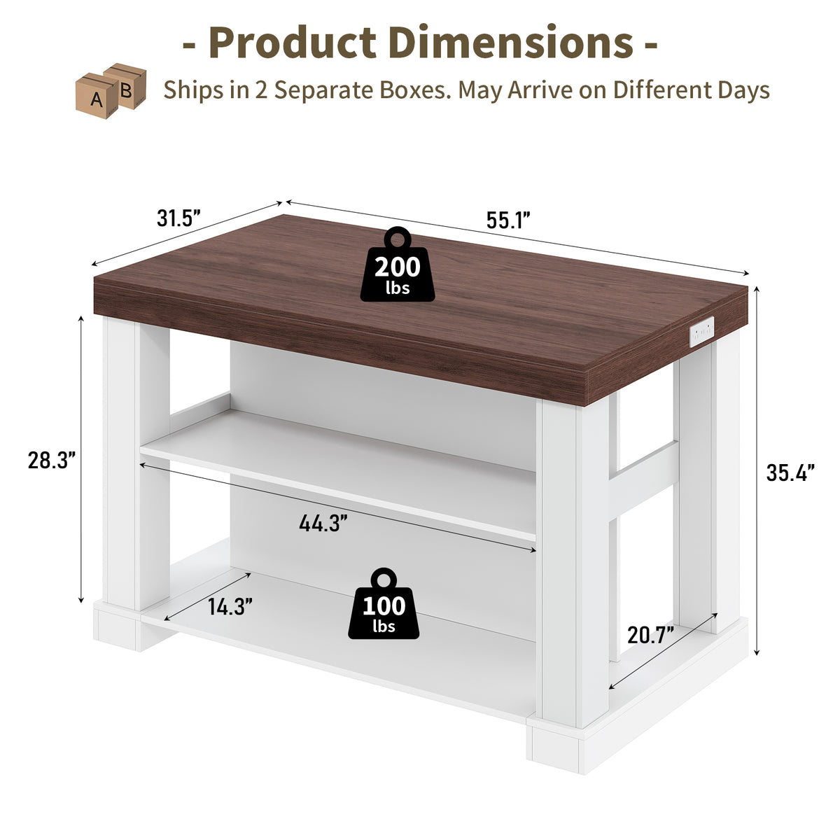 55" W Kitchen Island with Storage & Seating, Farmhouse Kitchen Island Table with Power Outlets, Open Shelves & Large Countertop, 3-Tier Coffee Bar, Walnut & White