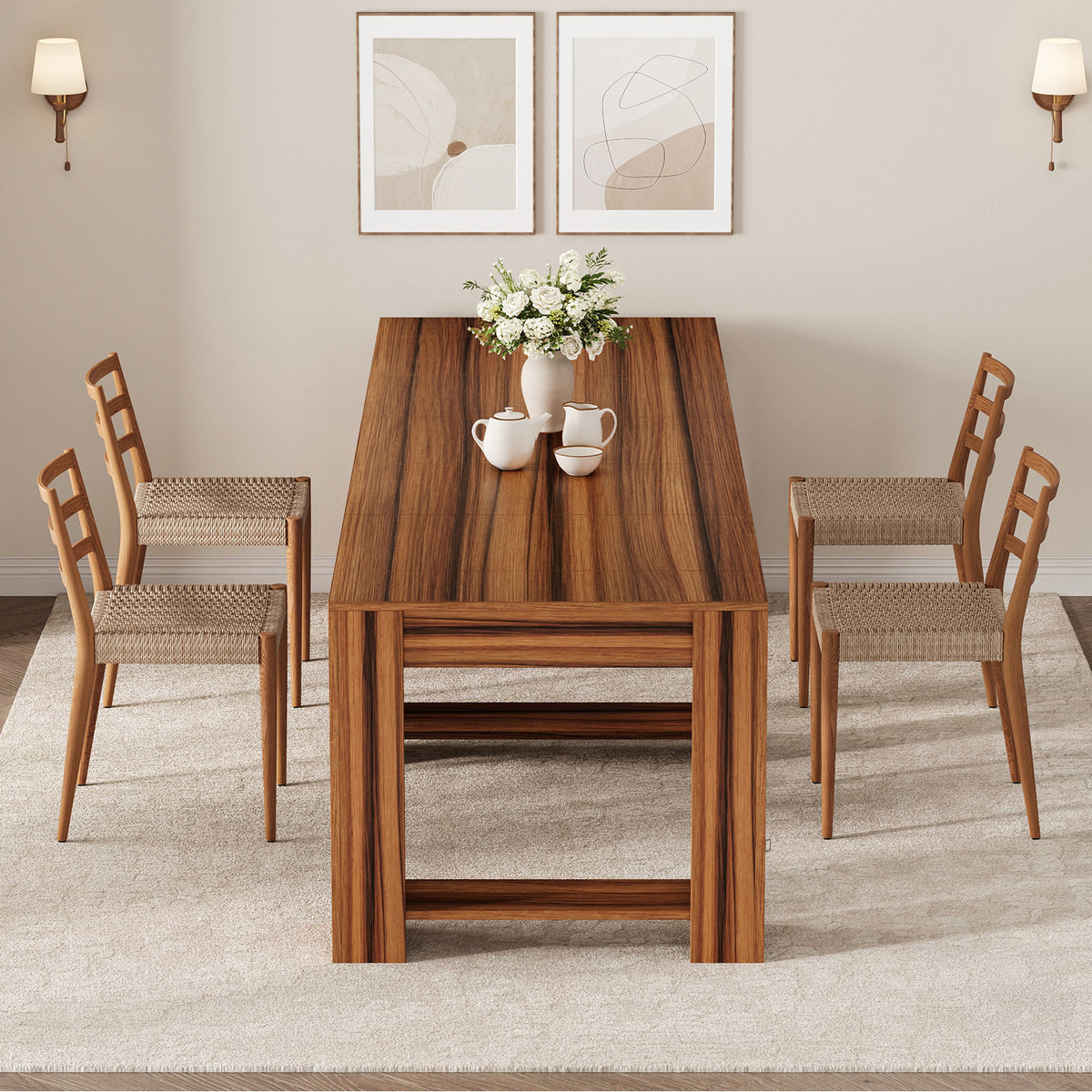 Extendable Dining Table for 2-12 People, Expandable Space-Saving Kitchen Table with Built-In Leaf Storage for Small Spaces