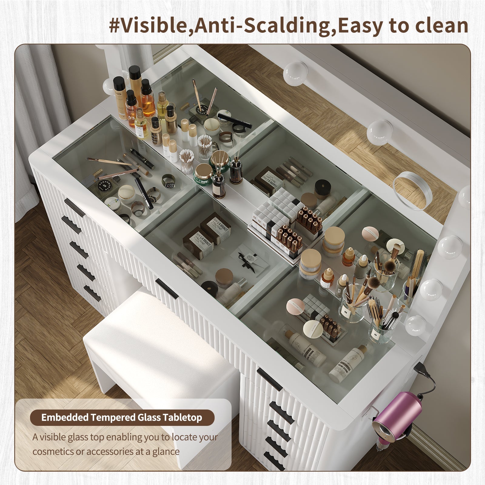11-Drawer LED Mirror Vanity Desk - Vektaya - VektayaDesk