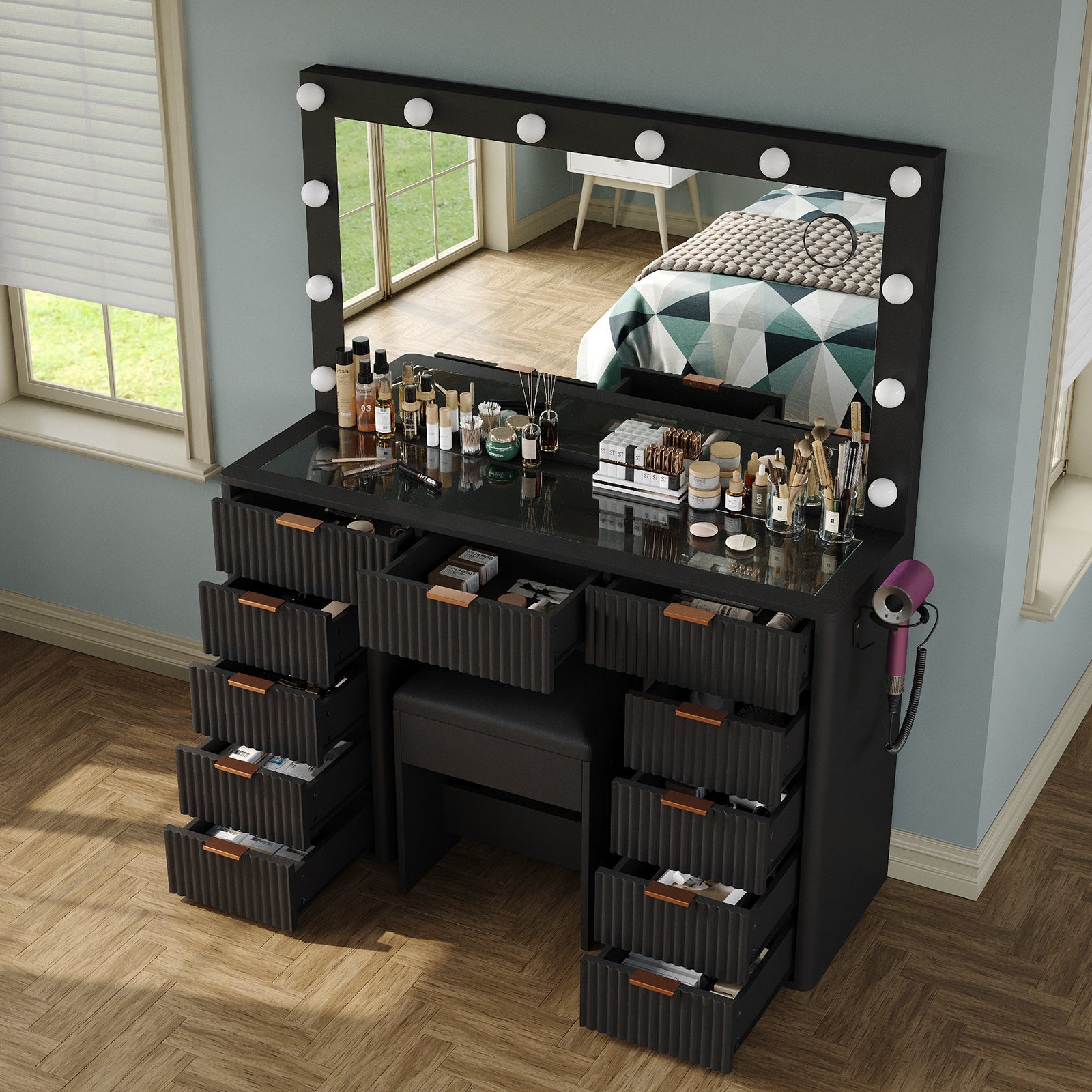 11-Drawer LED Mirror Vanity Desk - Vektaya - VektayaDesk