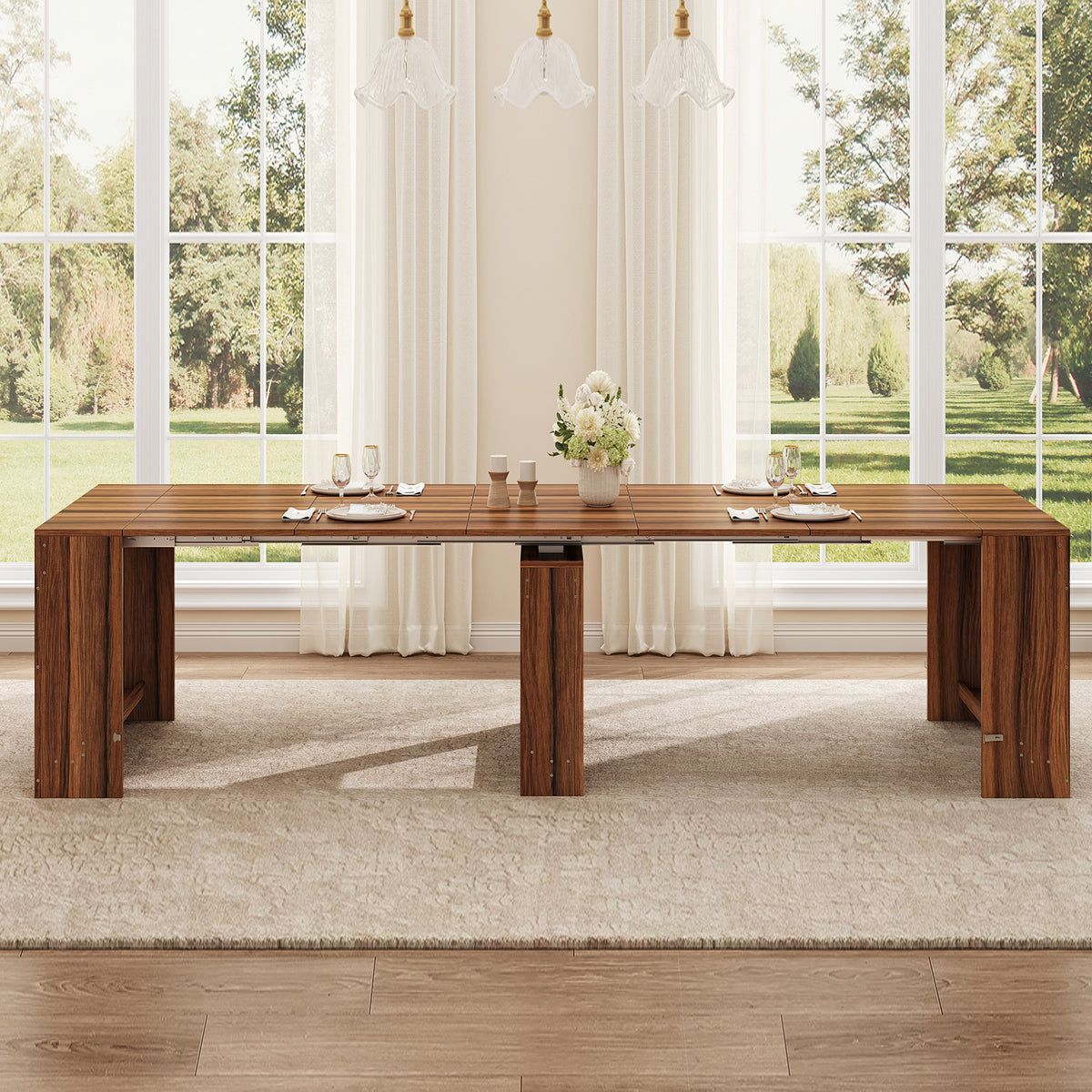 Extendable Dining Table for 2-12 People, Expandable Space-Saving Kitchen Table with Built-In Leaf Storage for Small Spaces