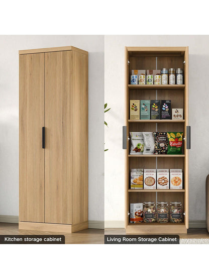 Yanosaku 71'' Tall Storage Cabinet with 2 Doors, Kitchen Pantry Cabinet with Adjustable Shelves, 5-Tier Fluted Cabinet for Living Room Kitchen Dinning Room
