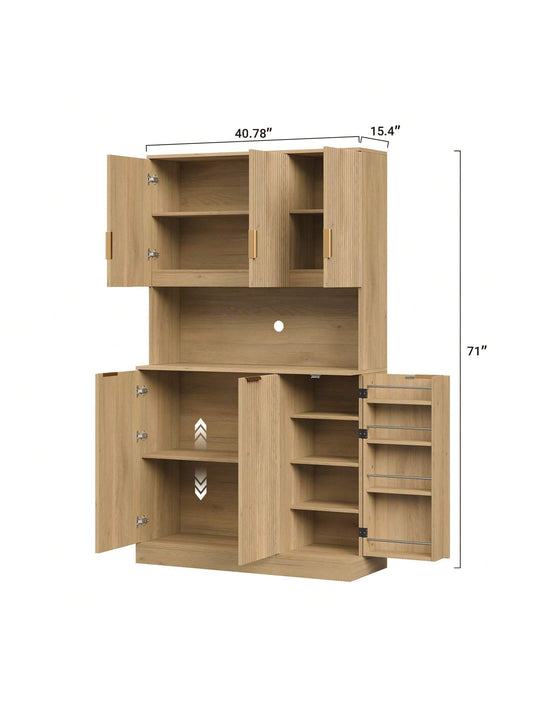 71'' H Tall Kitchen Pantry, Storage Cabinet with Fluted Doors & Adjustable Shelf, Kitchen Huntch Cupboard with Microwave Stand, Coffee Bar Buffet Cabinet for Living Room, Dinning Room