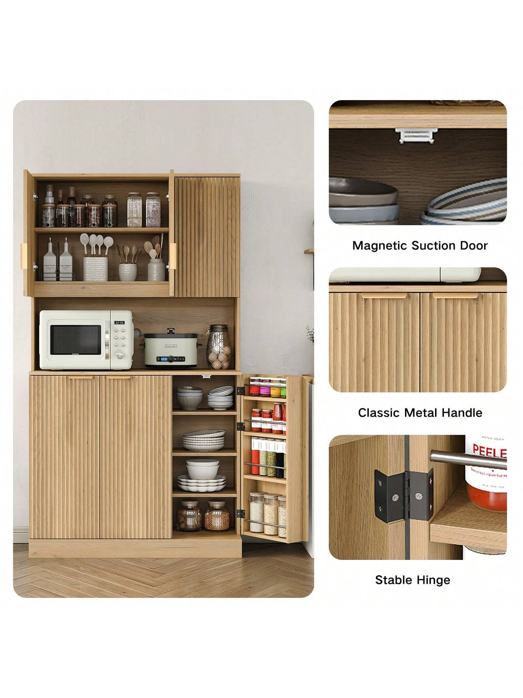 Yanosaku SC003 71'' H Tall Kitchen Pantry, Storage Cabinet with Fluted Doors & Adjustable Shelf, Kitchen Huntch Cupboard with Microwave Stand, Coffee Bar Buffet Cabinet for Living Room, Dinning Room
