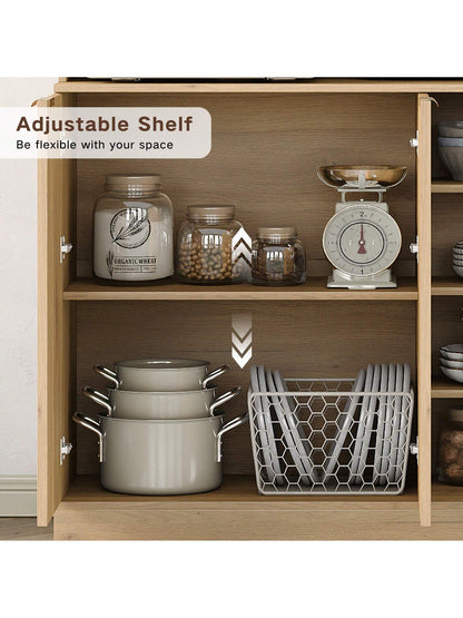 71'' H Tall Kitchen Pantry, Storage Cabinet with Fluted Doors & Adjustable Shelf, Kitchen Huntch Cupboard with Microwave Stand, Coffee Bar Buffet Cabinet for Living Room, Dinning Room