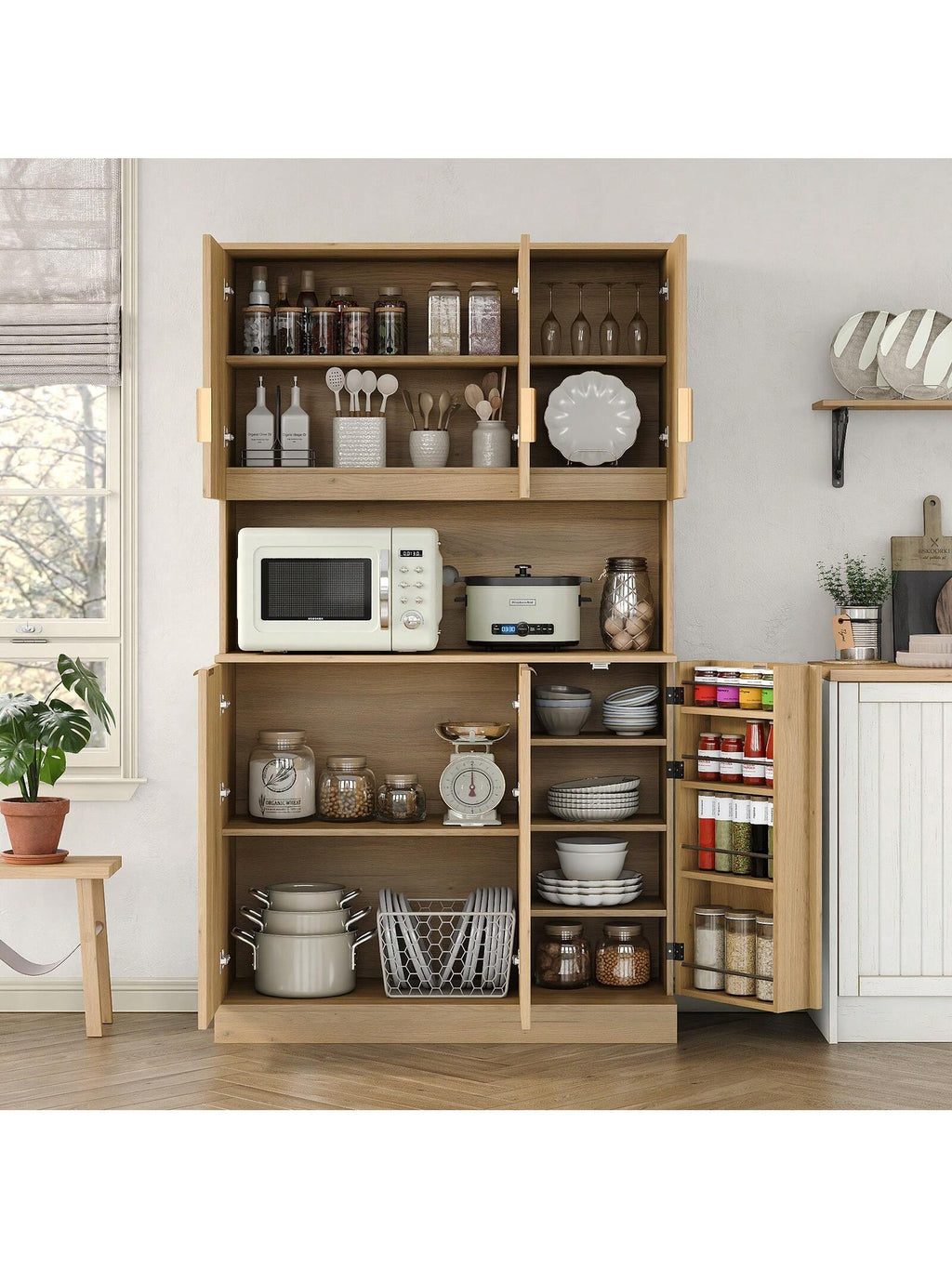 Yanosaku SC003 71'' H Tall Kitchen Pantry, Storage Cabinet with Fluted Doors & Adjustable Shelf, Kitchen Huntch Cupboard with Microwave Stand, Coffee Bar Buffet Cabinet for Living Room, Dinning Room