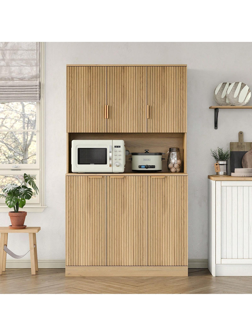 Yanosaku SC003 71'' H Tall Kitchen Pantry, Storage Cabinet with Fluted Doors & Adjustable Shelf, Kitchen Huntch Cupboard with Microwave Stand, Coffee Bar Buffet Cabinet for Living Room, Dinning Room