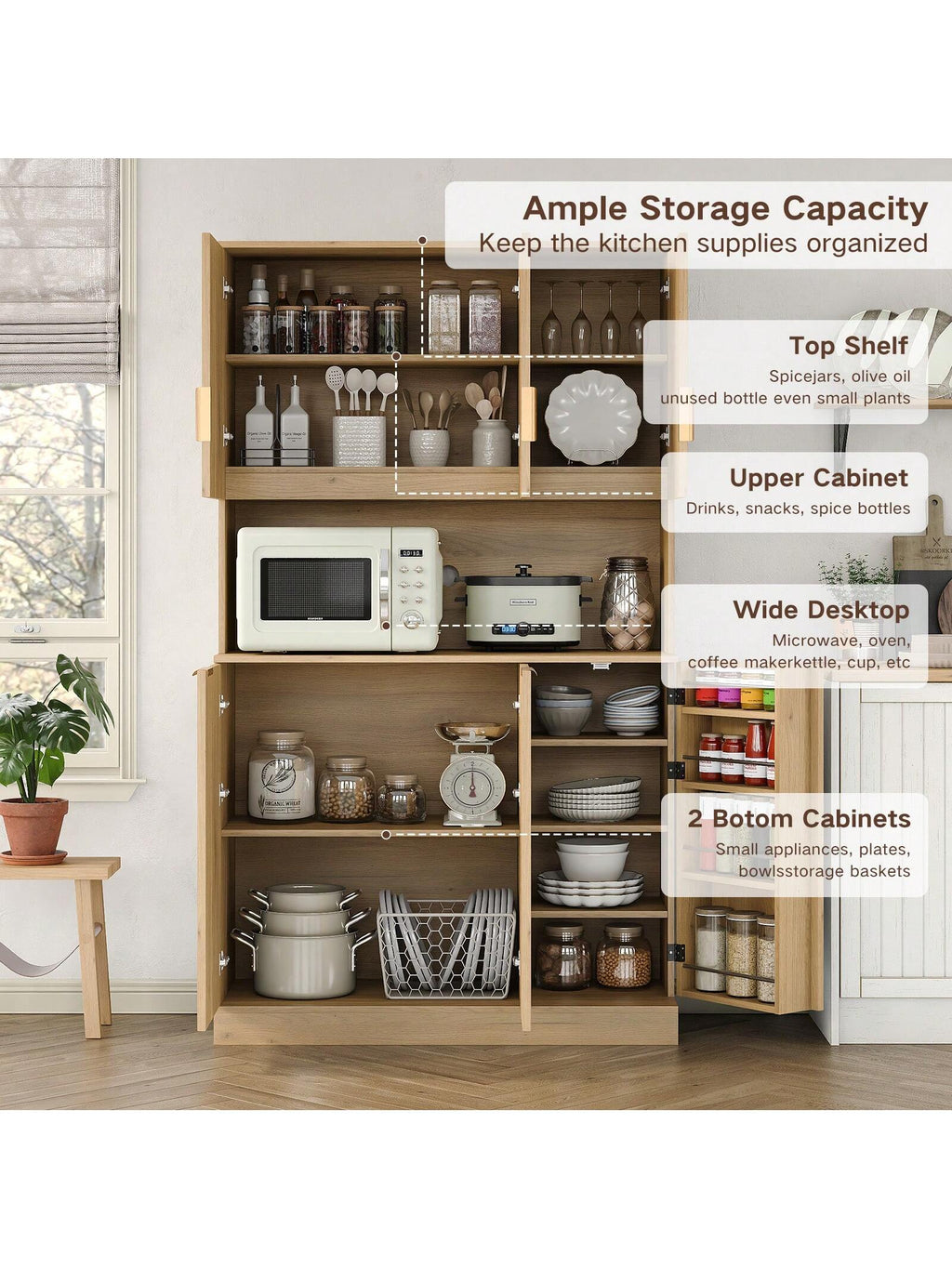 Yanosaku SC003 71'' H Tall Kitchen Pantry, Storage Cabinet with Fluted Doors & Adjustable Shelf, Kitchen Huntch Cupboard with Microwave Stand, Coffee Bar Buffet Cabinet for Living Room, Dinning Room