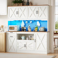 63"W Farmhouse Kitchen Pantry Cabinet, 70" Tall Hutch with RGB LED Lights, Charging Station, Pull-Out Tray & Rolling Cart, White