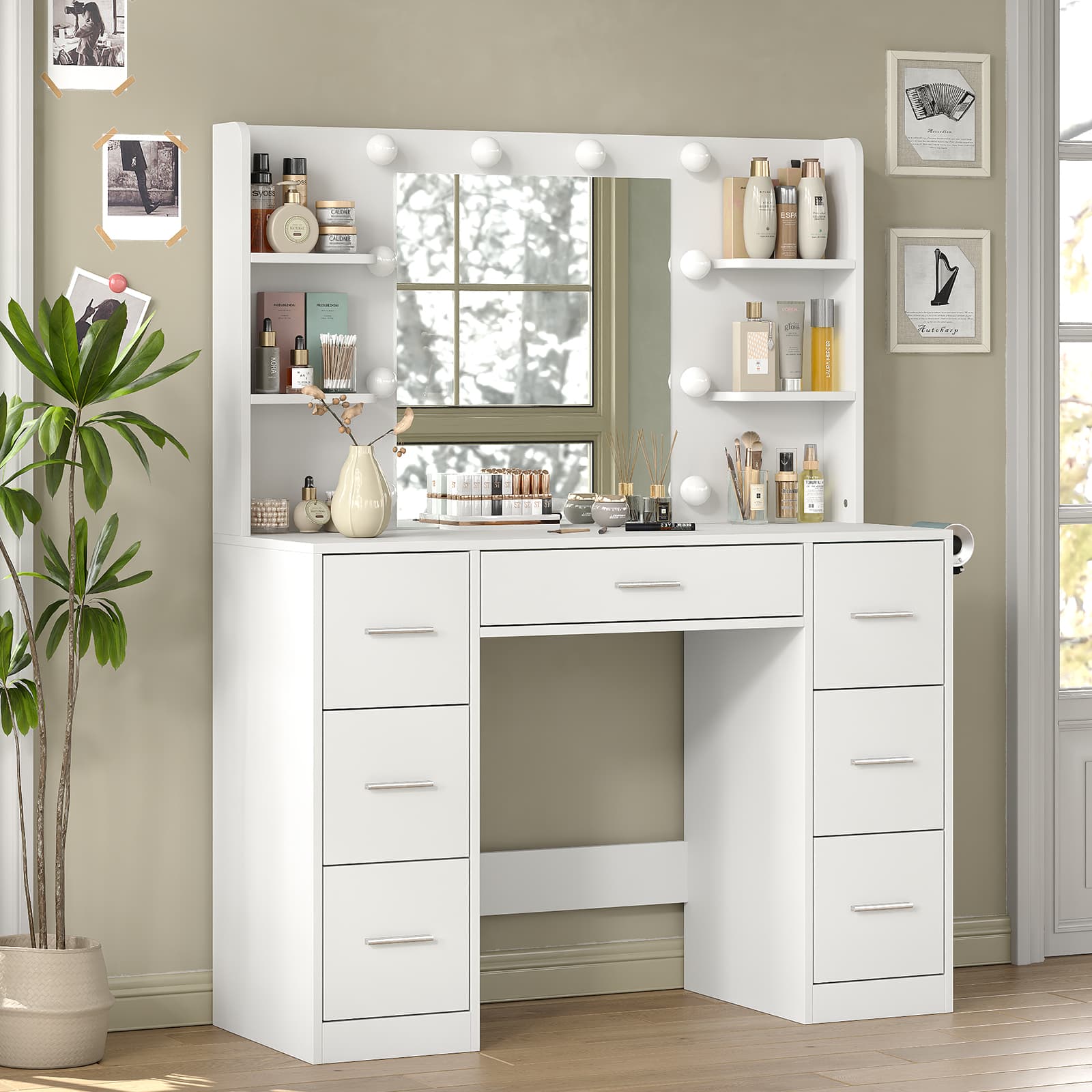Yanosaku VD024 Vanity Desk with Mirror, LED Lights & Charging Station, 7 Drawers Storage