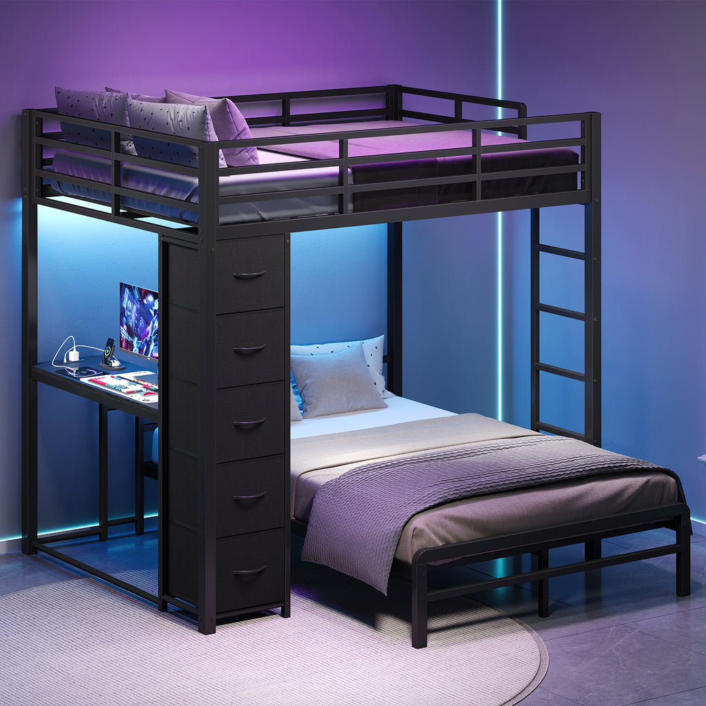 Full Over Full L-Shaped Metal Bunk Bed with Desk, LED Lights, Charging Station & Storage Drawers, Black