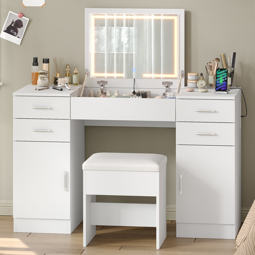 47.2" Flip Top Makeup Vanity Desk with LED Mirror, Power Outlet, 4 Drawers, 2 Cabinets & Stool, White