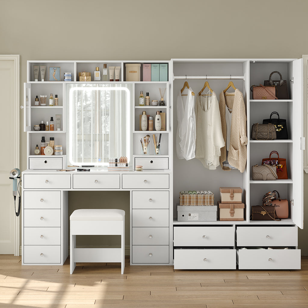 87" W Large Vanity Desk with LED Mirror & Wardrobe, Spacious Makeup Vanity Table with Ample Storage, White