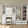 87" W Large Vanity Desk with LED Mirror & Wardrobe, Spacious Makeup Vanity Table with Ample Storage, White