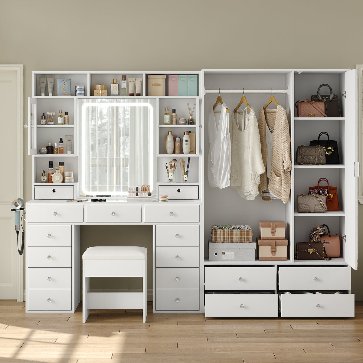 87" W Large Vanity Desk with LED Mirror & Wardrobe, Spacious Makeup Vanity Table with Ample Storage, White