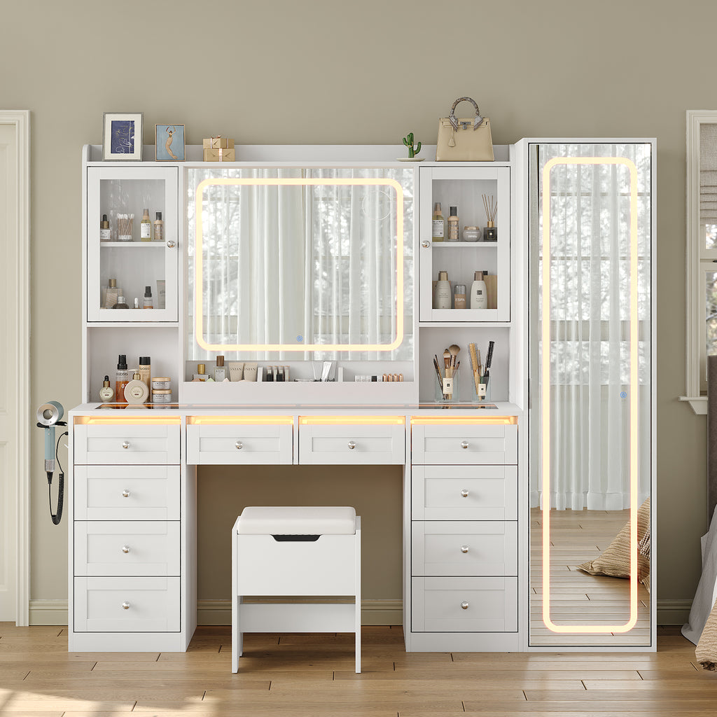 70.9" White Makeup Vanity Desk with LED & Full-Length Mirrors, RGB Lights, 10 Drawers, 2 Cabinets, Glass Top & Stool
