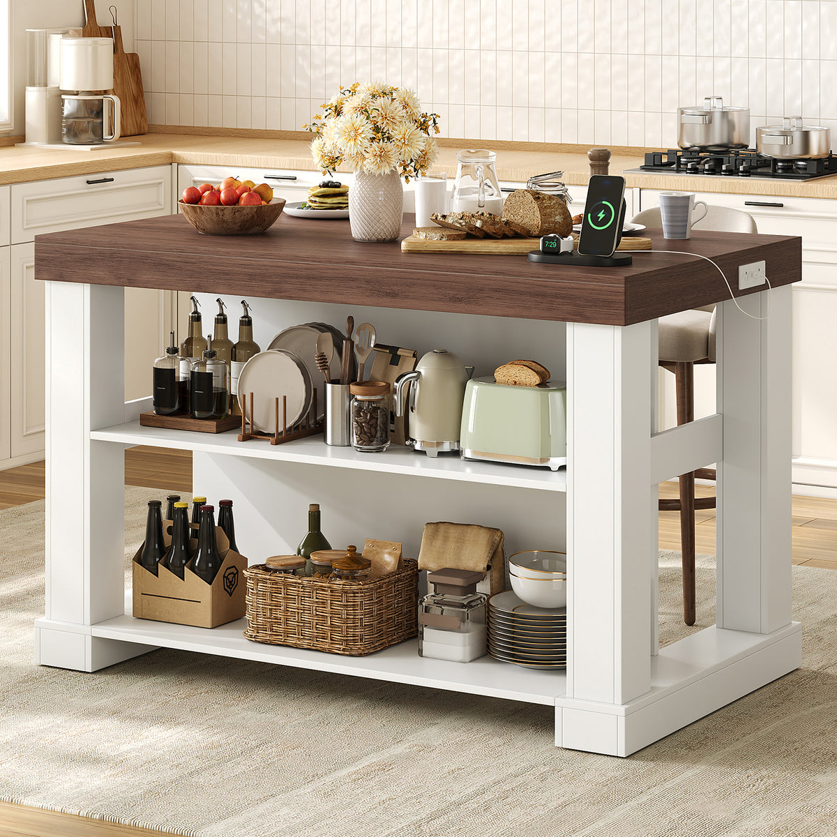 55" W Kitchen Island with Storage & Seating, Farmhouse Kitchen Island Table with Power Outlets, Open Shelves & Large Countertop, 3-Tier Coffee Bar, Walnut & White